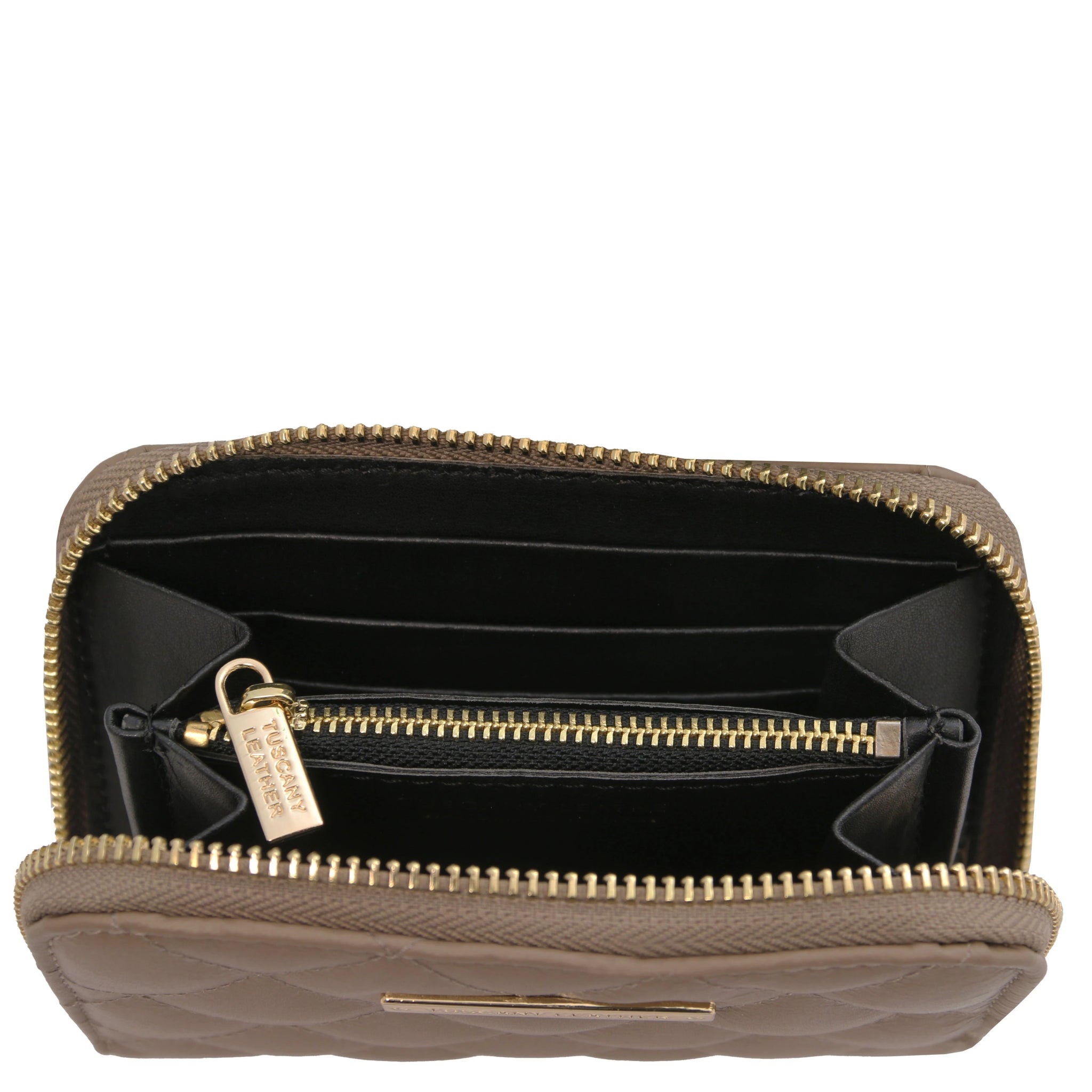 Top interior view Teti Exclusive Zip Around Soft Italian Leather Wallet in taupe showing coin pocket, card slots and open compartment