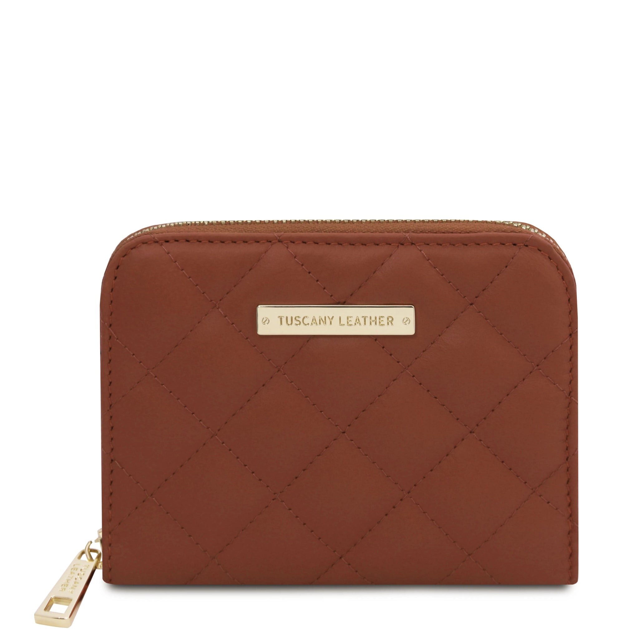 Front View Teti Exclusive three side Zip Around Soft Italian Leather Wallet in cognac on a white background