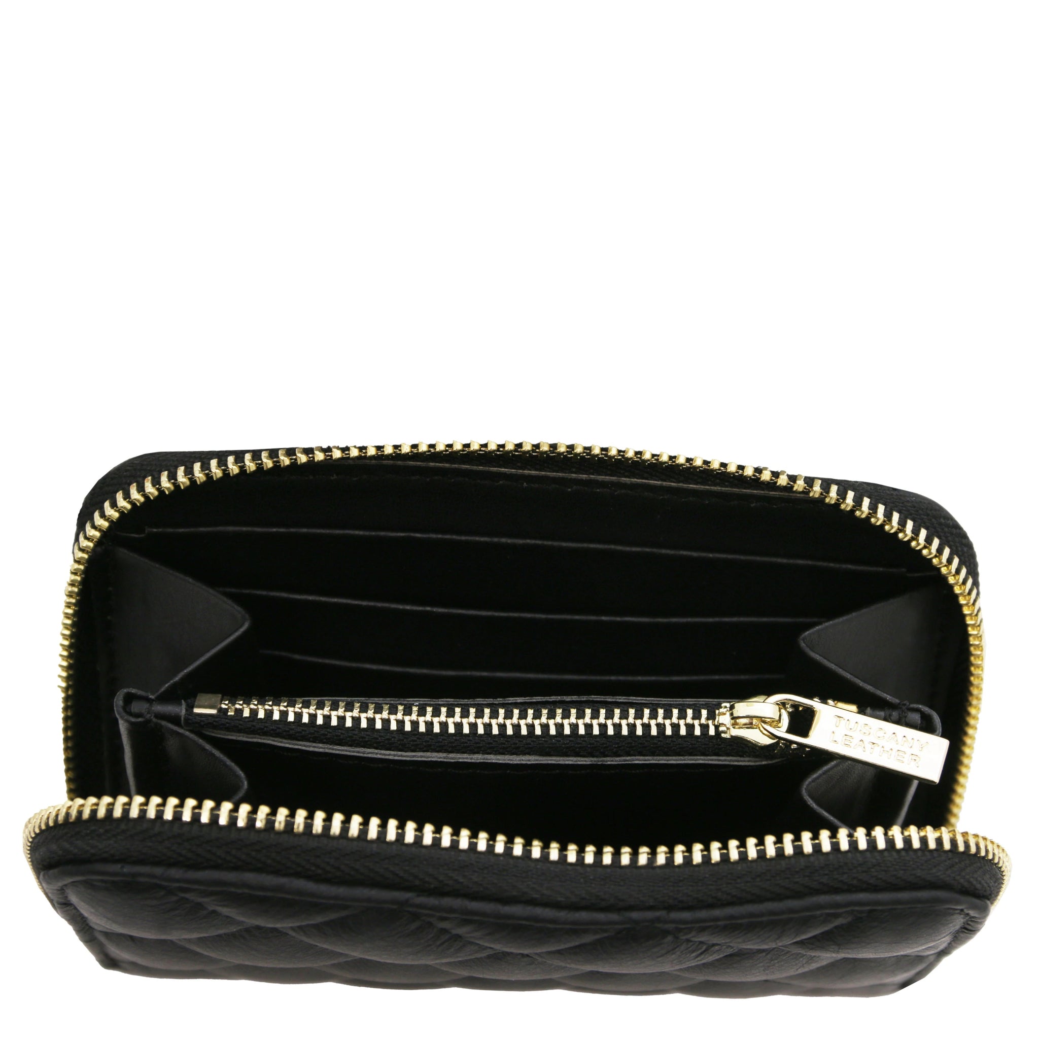 Top interior view Teti Exclusive Zip Around Soft Italian Leather Wallet in black showing coin pocket, card slots and currency open compartment