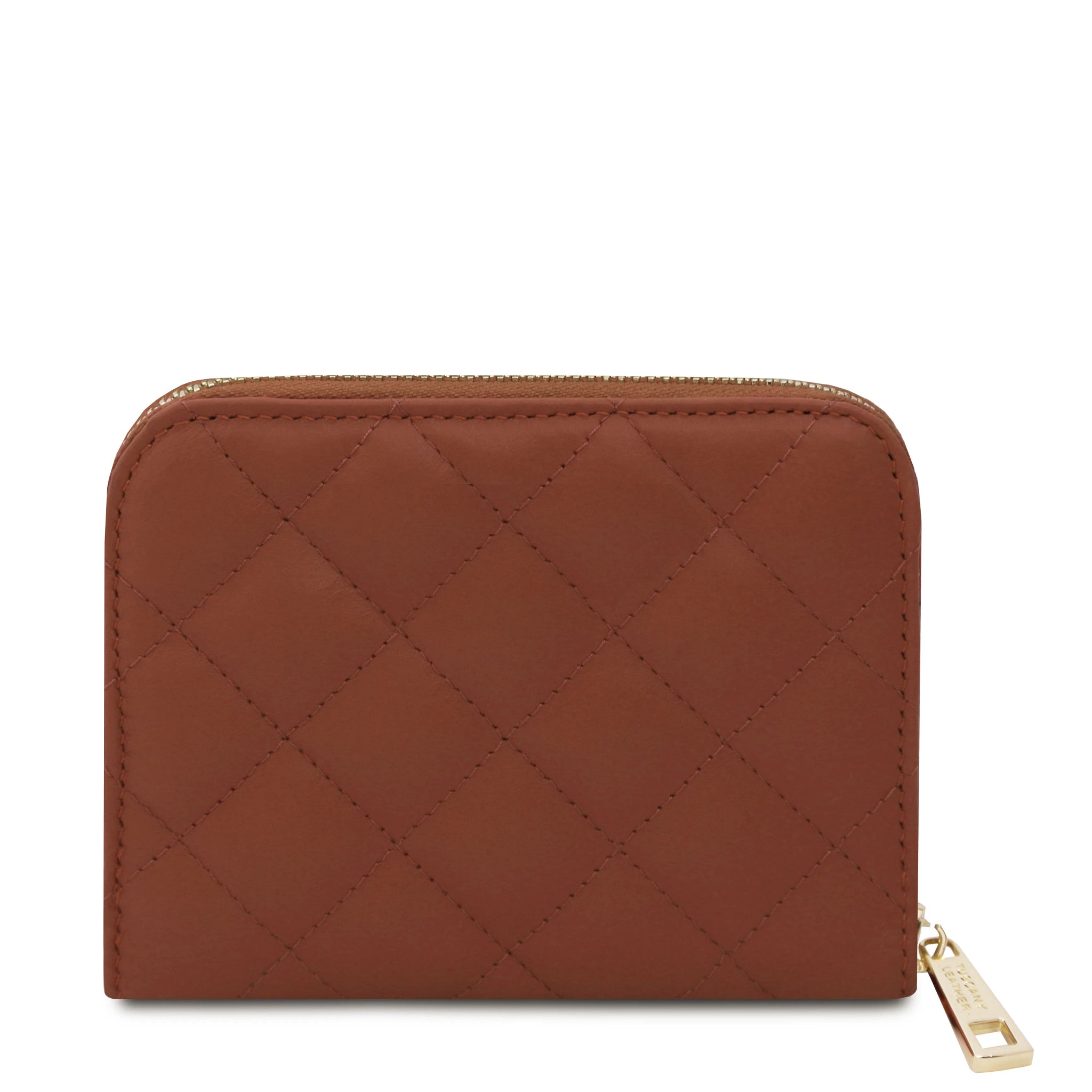 Back View Teti Exclusive three side Zip Around Soft Italian Leather Wallet in Cognac on a white background
