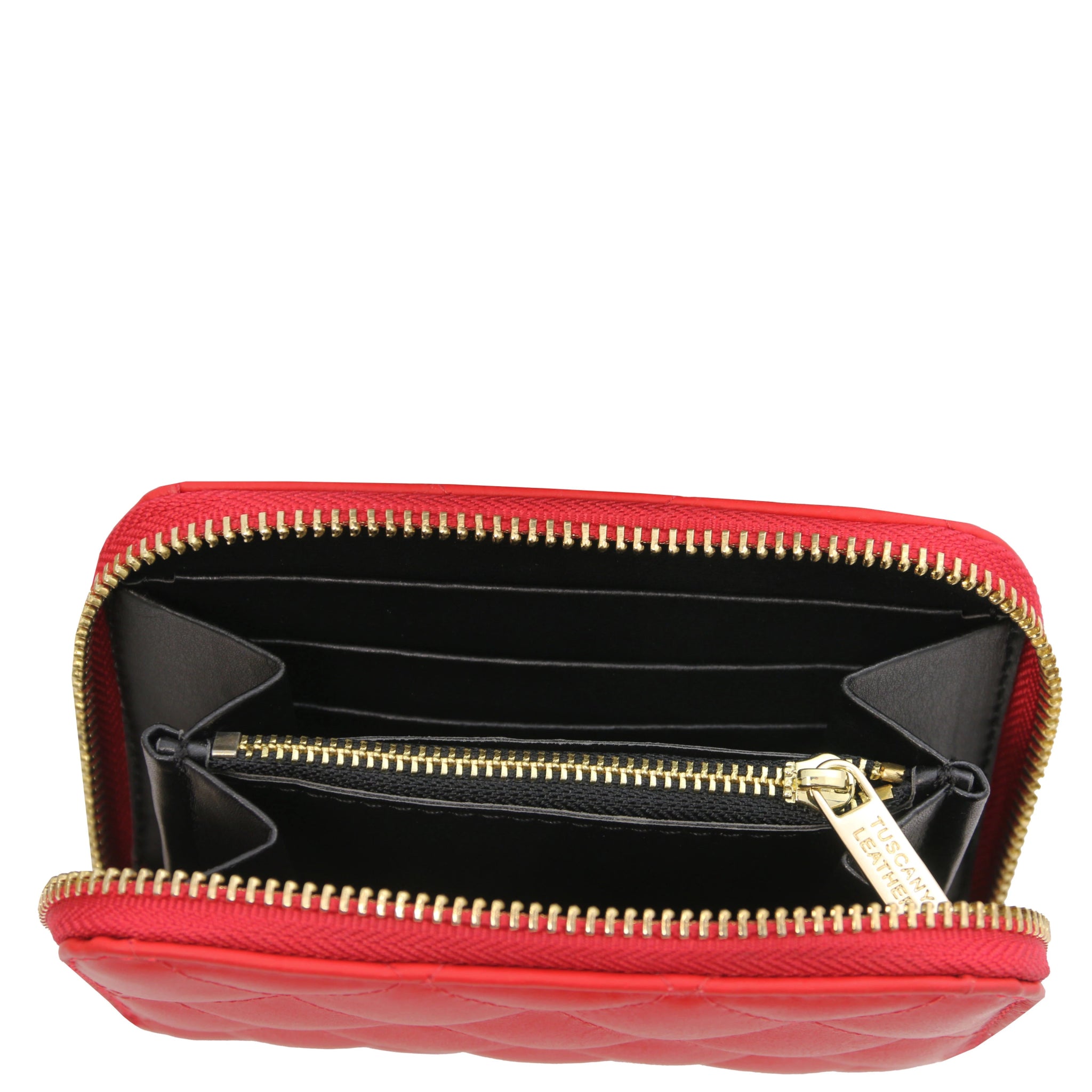Top interior view Teti Exclusive Zip Around Soft Italian Leather Wallet in red showing coin pocket, card slots and open compartment