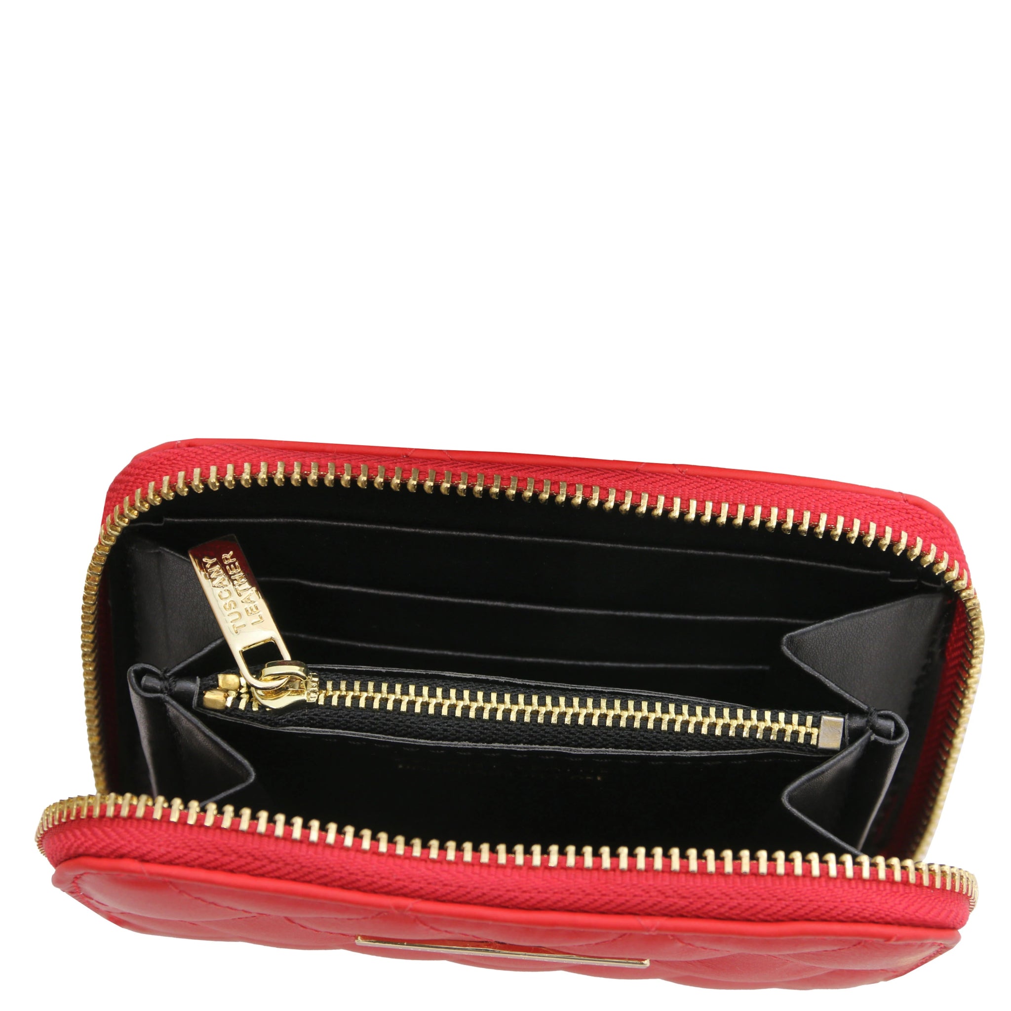 Top interior view Teti Exclusive Zip Around Soft Italian Leather Wallet in red showing coin pocket, card slots and open compartment