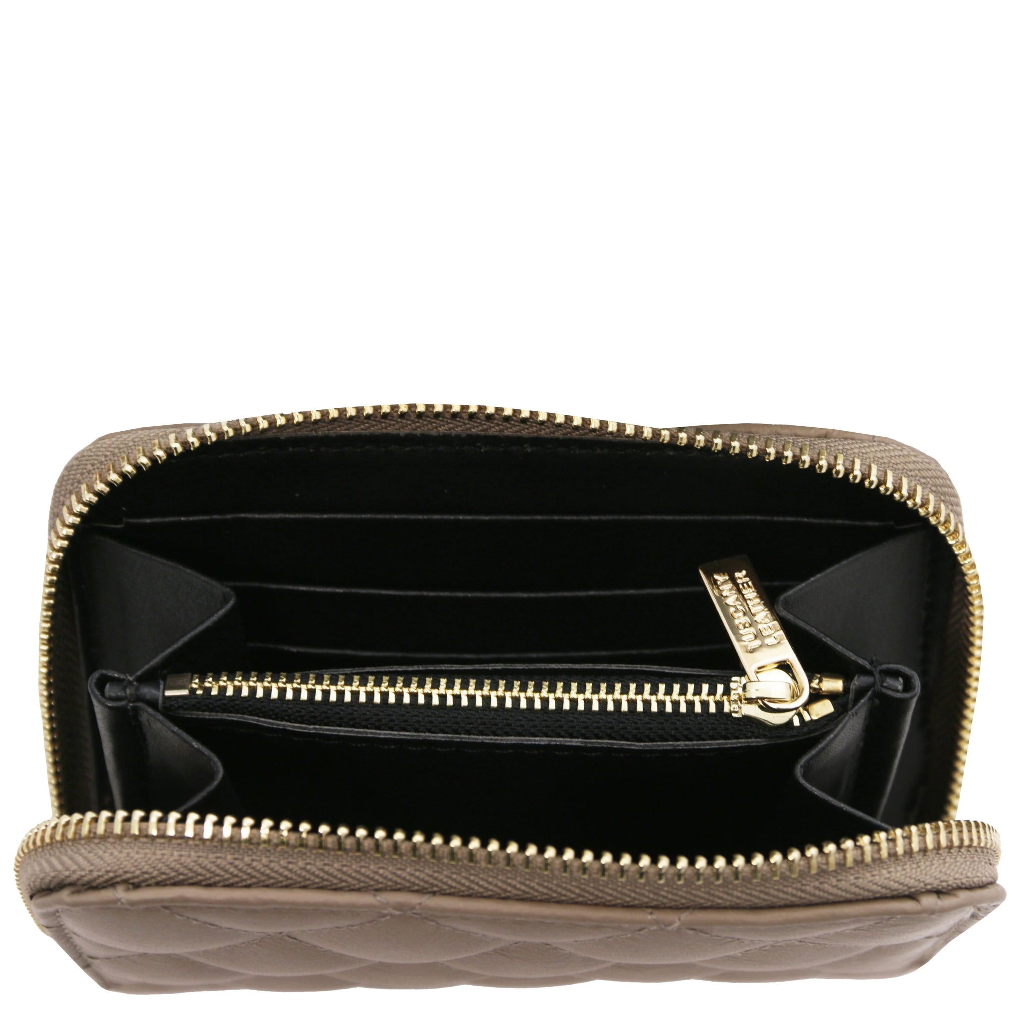 Top interior view Teti Exclusive Zip Around Soft Italian Leather Wallet in taupe showing coin pocket, card slots and open compartment