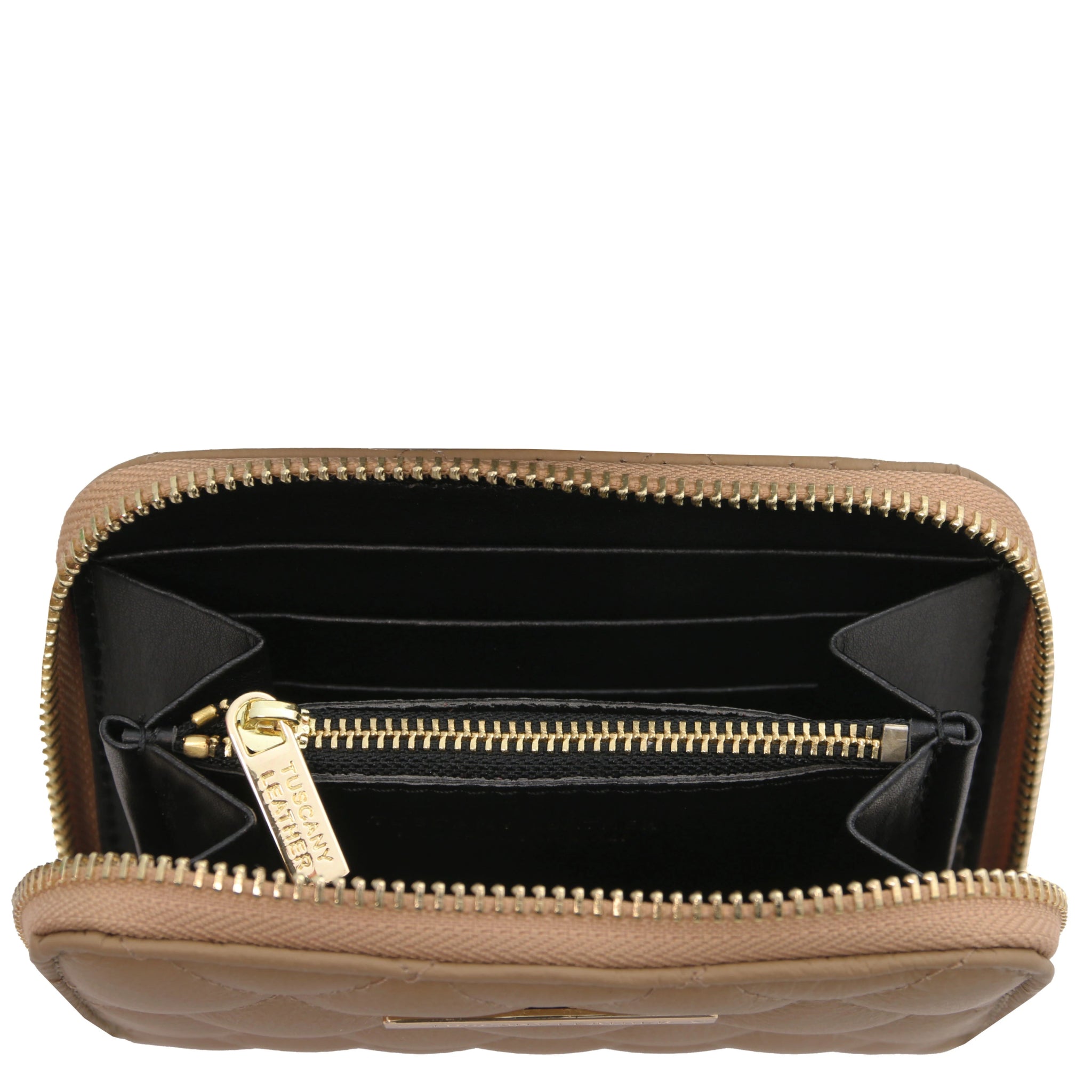 Top interior view Teti Exclusive Zip Around Soft Italian Leather Wallet in taupe showing coin pocket, card slots and open compartment