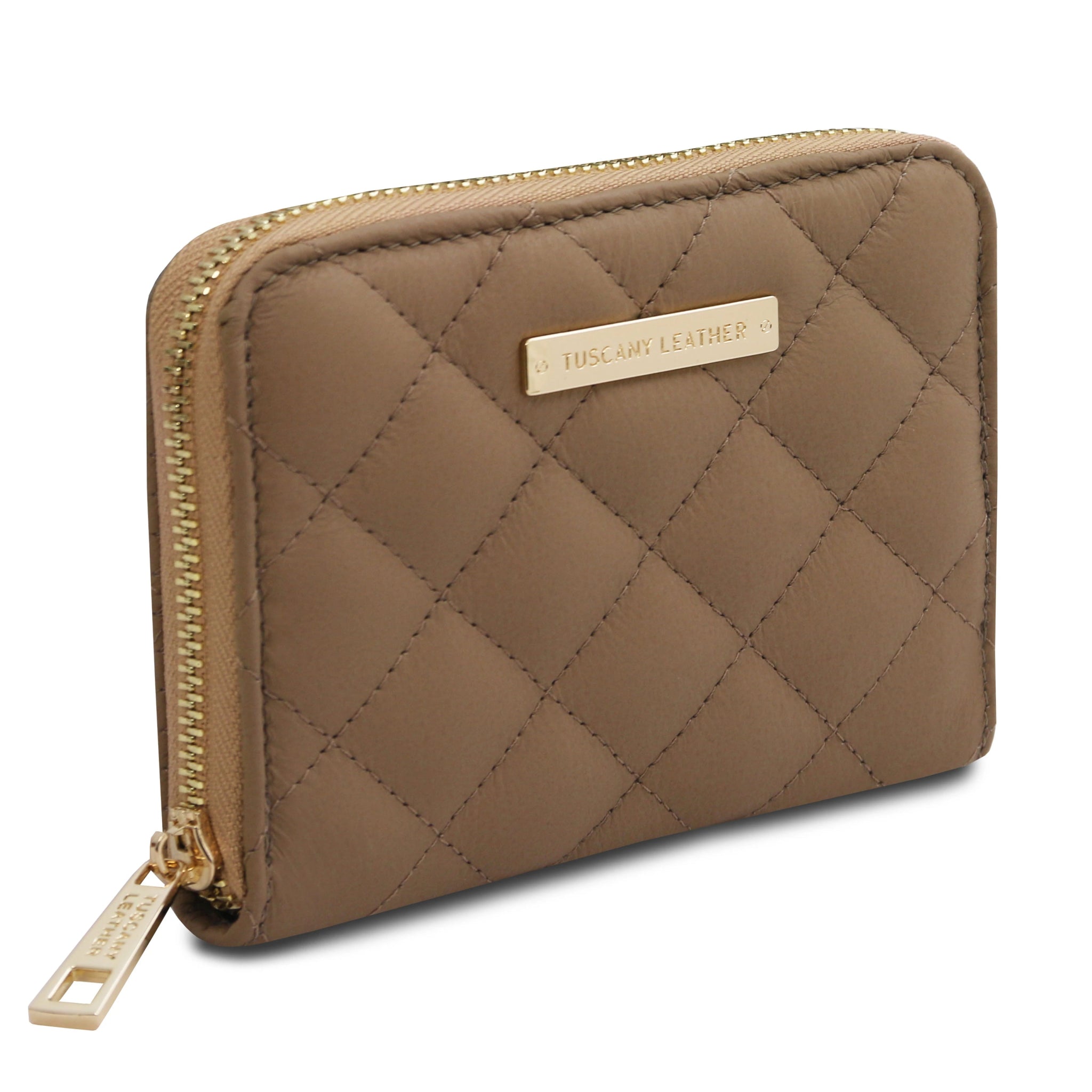 Front View Teti Exclusive three side Zip Around Soft Italian Leather Wallet in Light Taupe on a white background