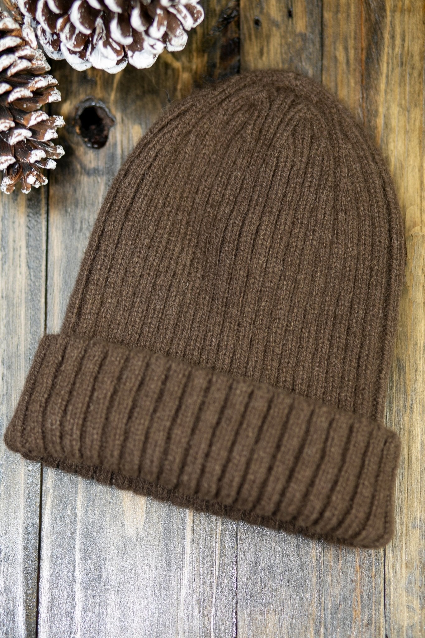 The American Bison Wool Beanie laying on a wooden table with a snowy pinecone on the top left corner - L'Atelier Global