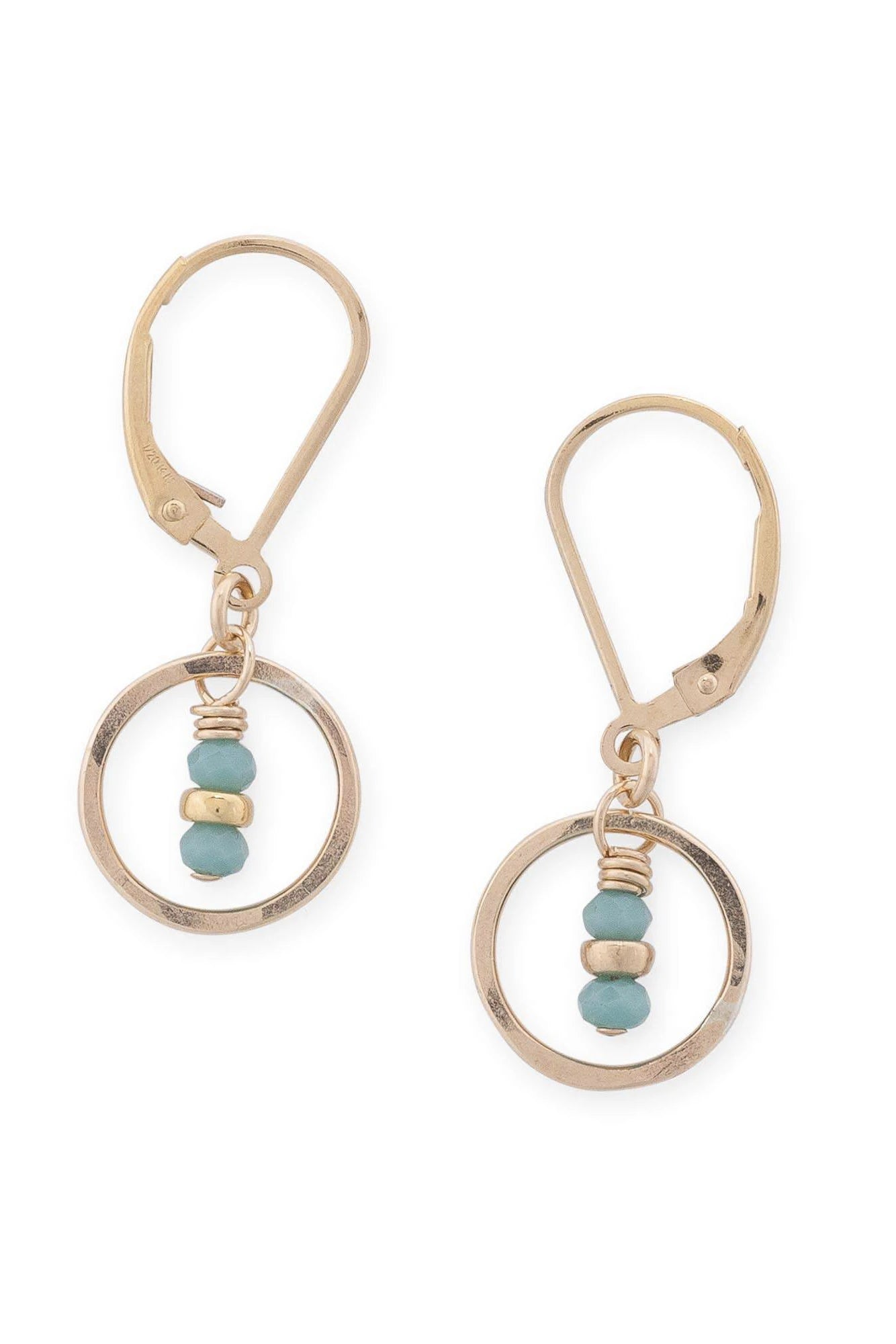 Tiny Gold Circle Earrings with Turquoise Crystals on a white background - L'Atelier Global