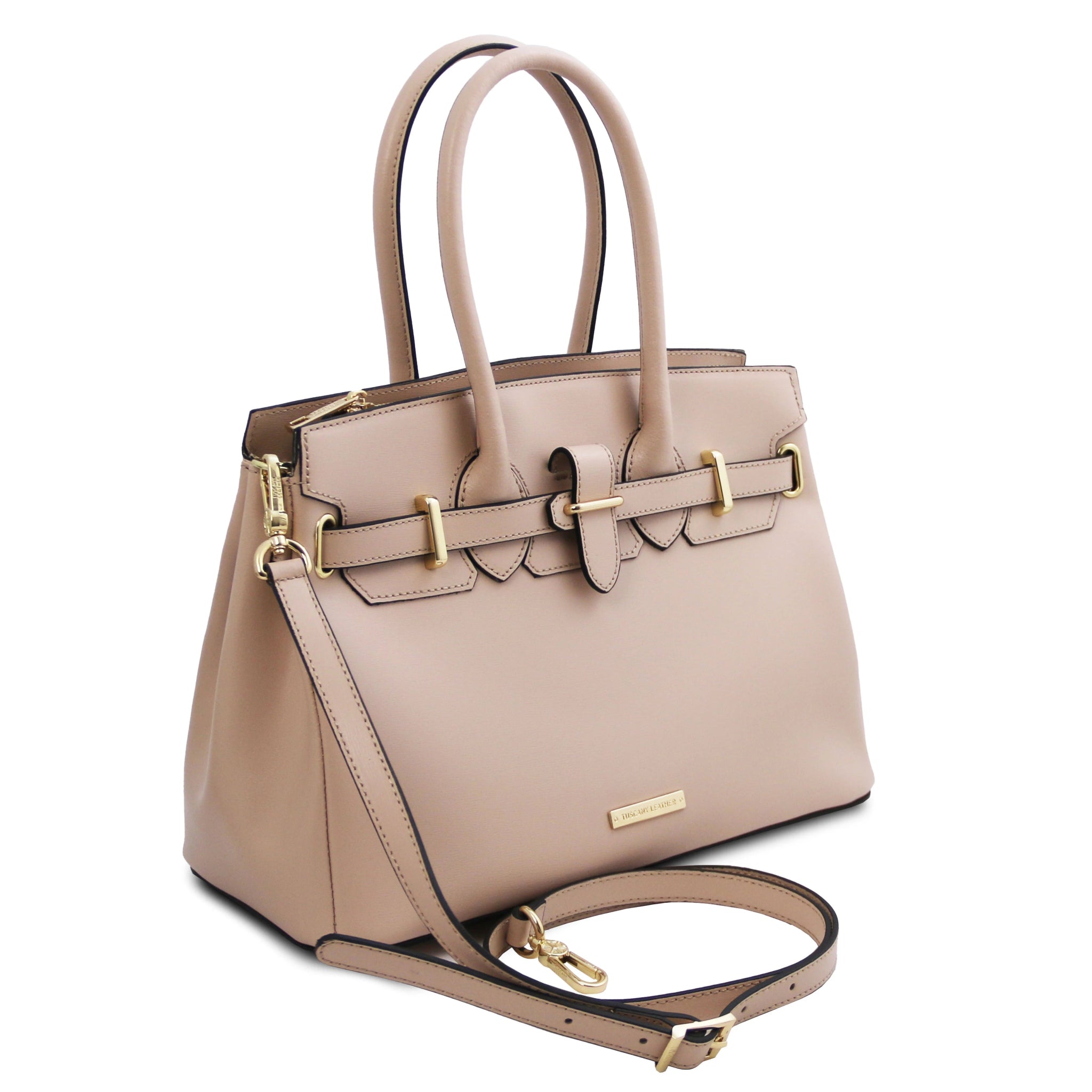 Front Side view TL Bag Italian Leather Handbag in Nude showing detachable shoulder strap - L'Atelier Global