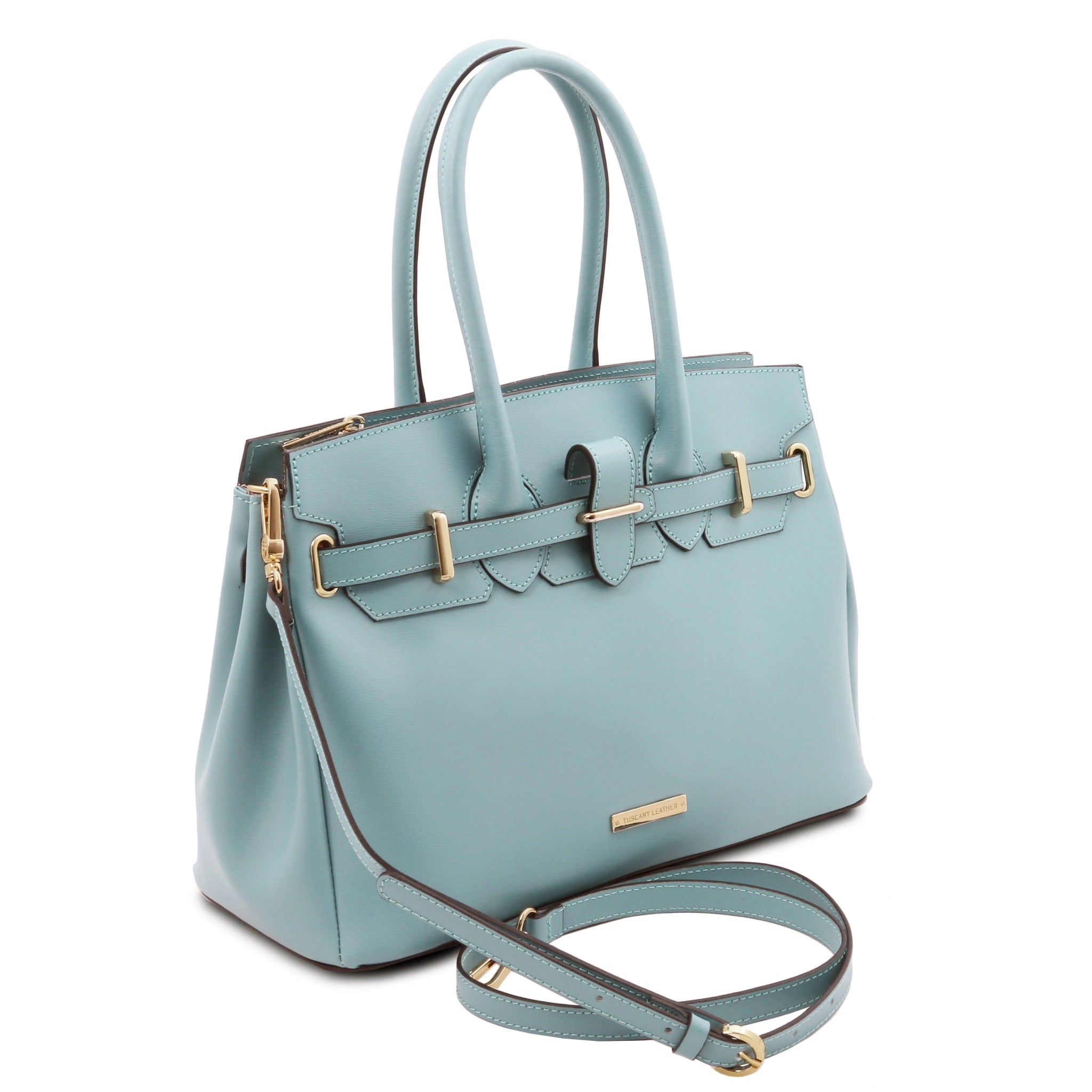 Front Side view TL Bag Italian Leather Handbag in Light Blue showing detachable shoulder strap - L'Atelier Global