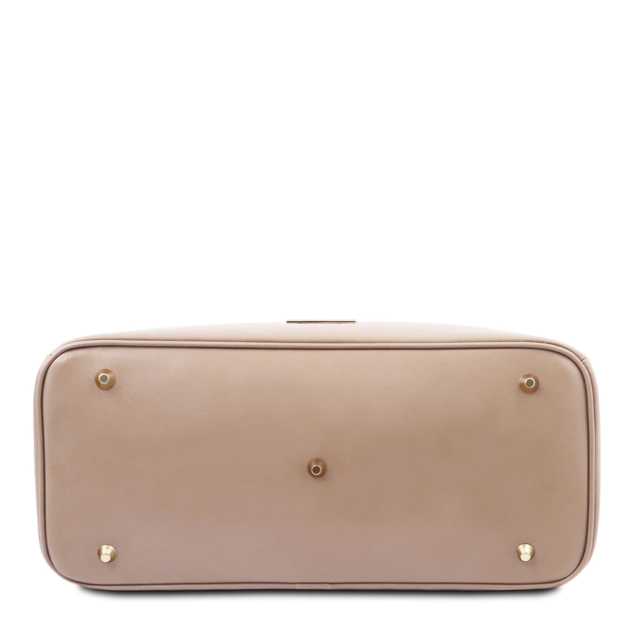 Bottom view TL Bag Italian Leather Handbag in Nude showing five protective golden meal feet
