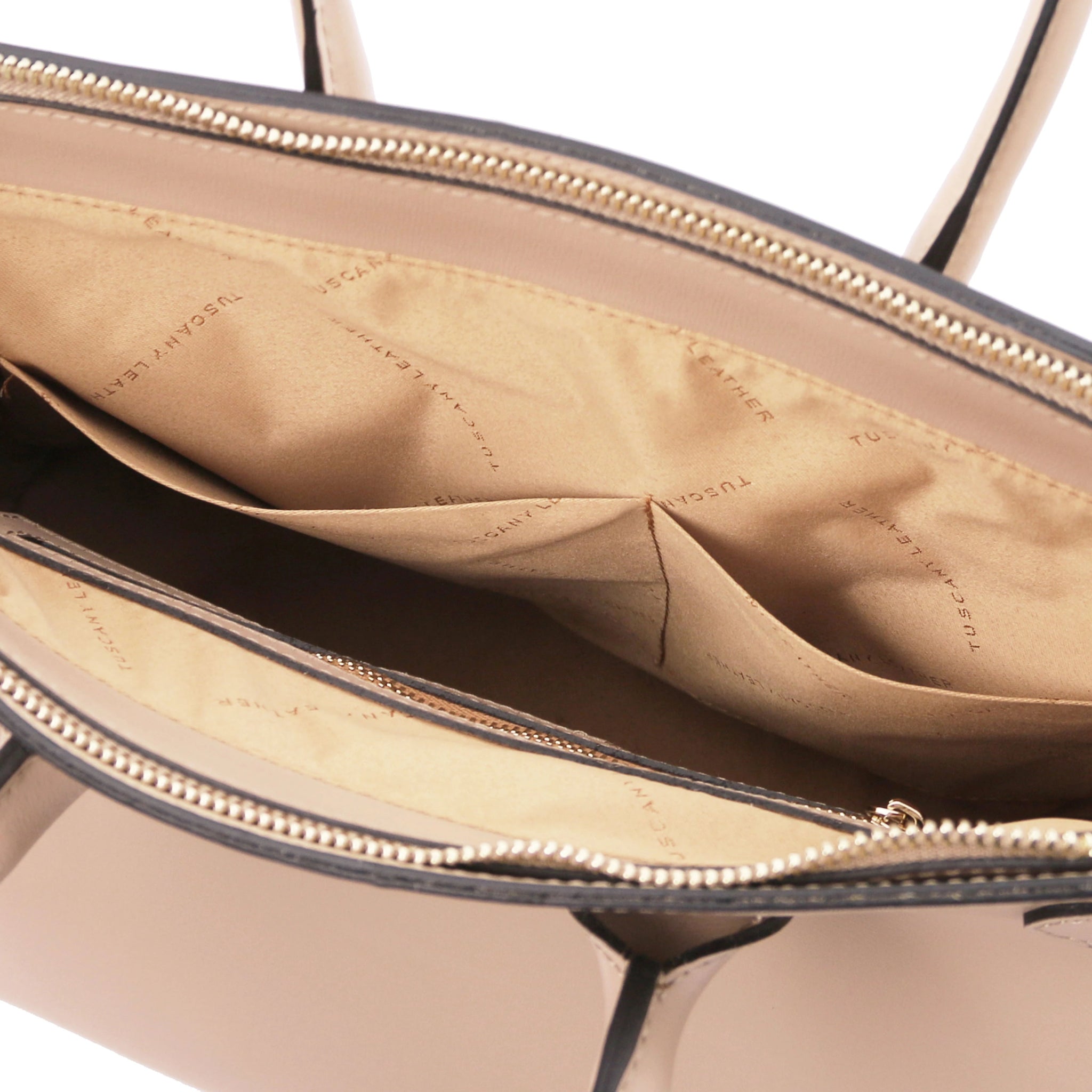 Interior double open pocket view TL Bag Italian Leather Handbag in Nude showing beige interior