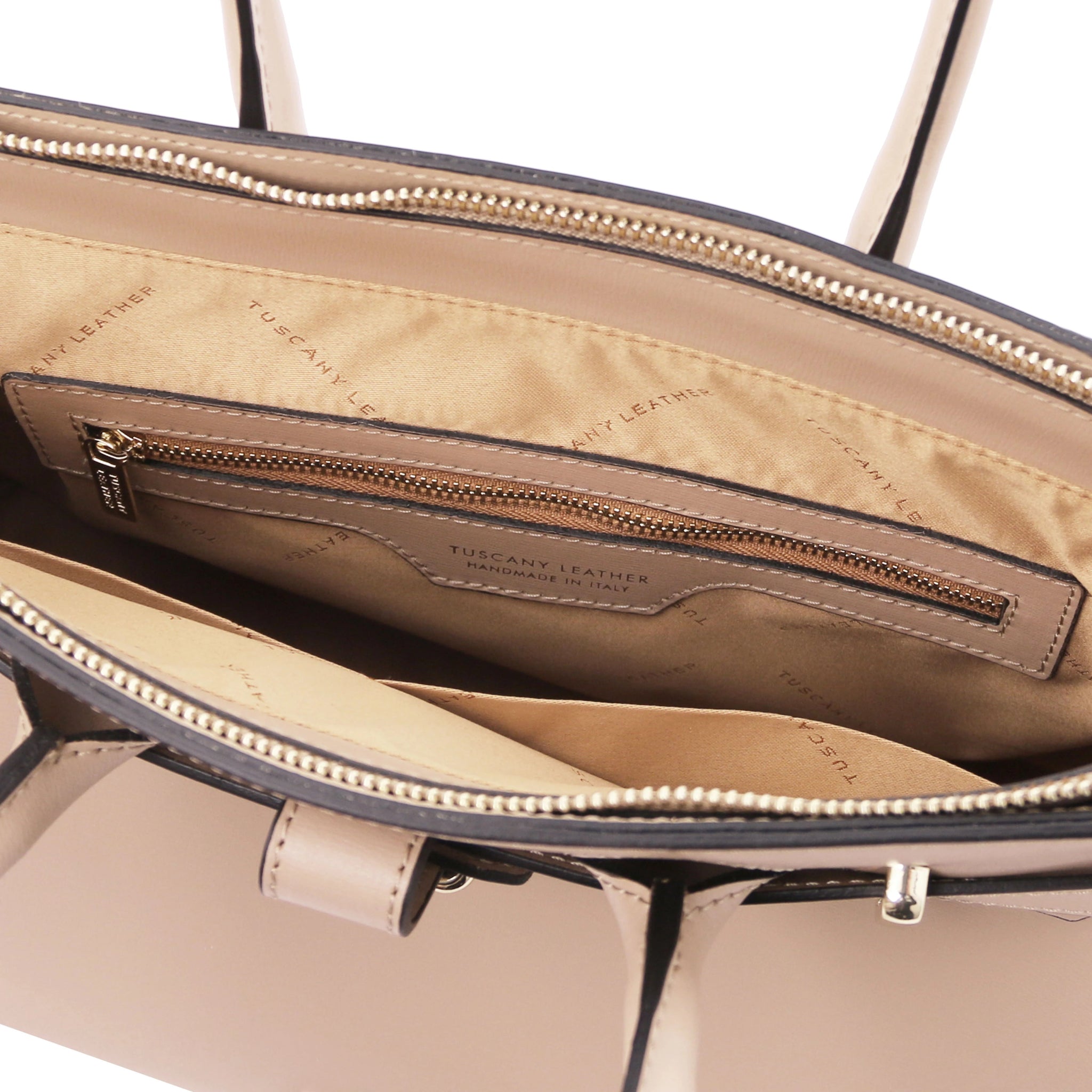 Interior zippered pocket view TL Bag Italian Leather Handbag in Nude showing beige interior