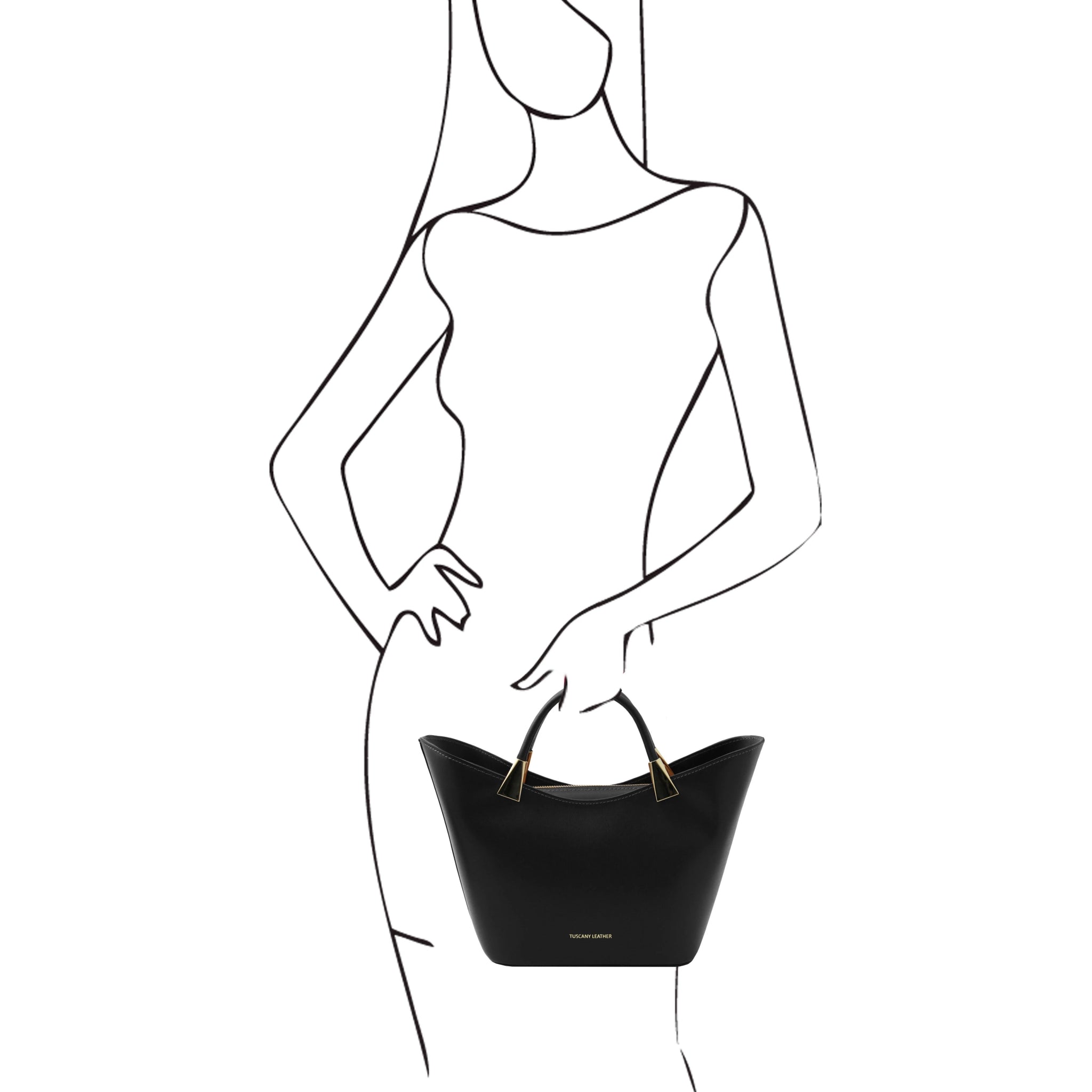 Black and white sketch of a woman holding the TL Bag Italian Leather Handbag in Black