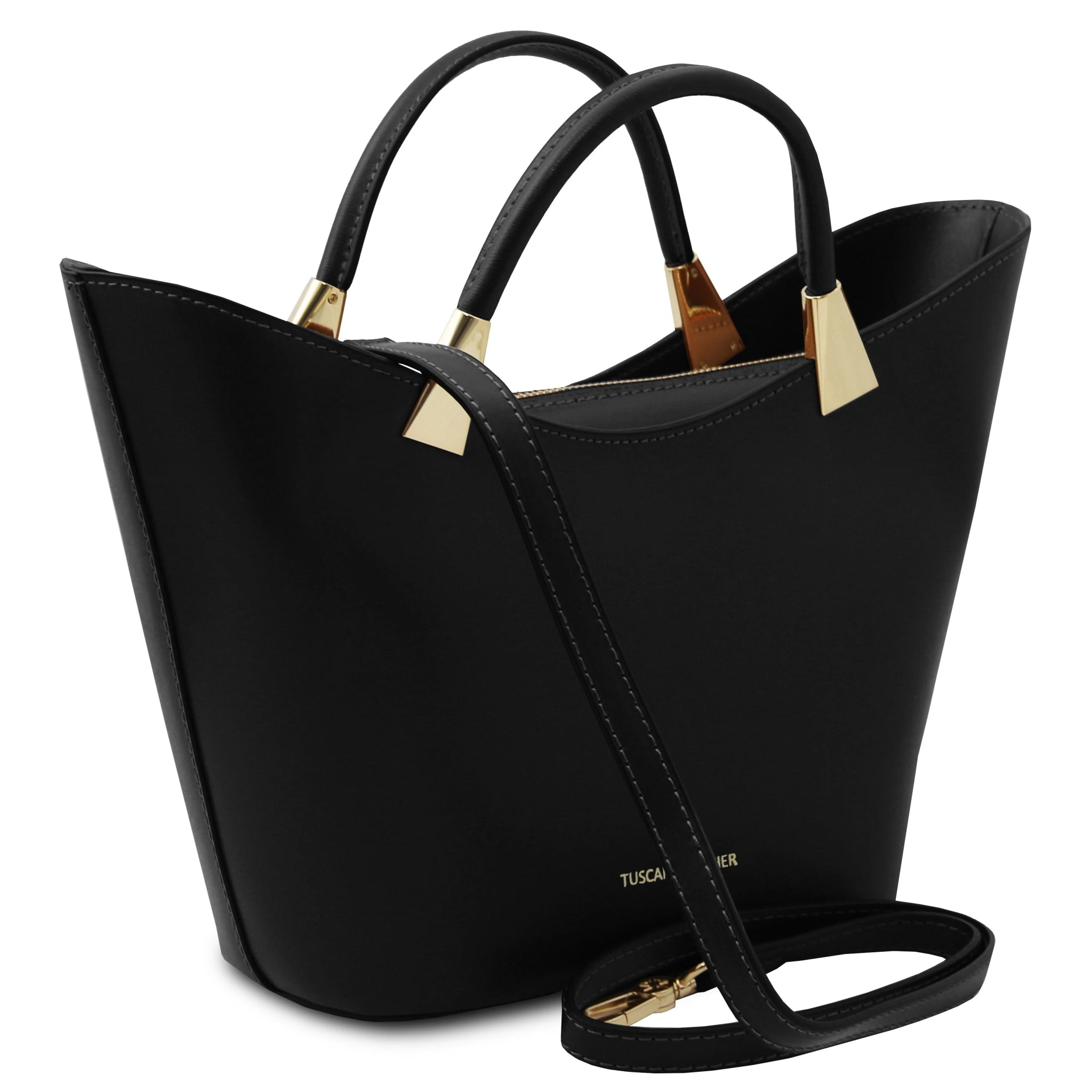 TL Bag Italian Leather Handbag in Black front view on a white background showing detachable shoulder strap