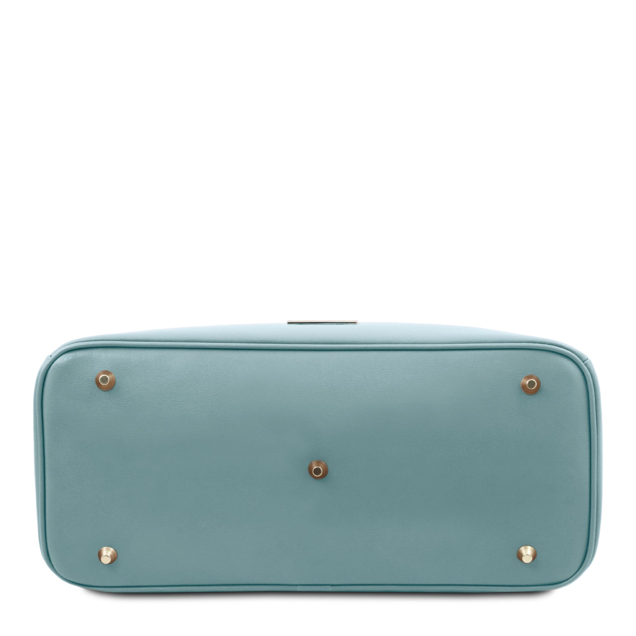 Bottom view TL Bag Italian Leather Handbag in Light Blue showing five protective golden meal feet