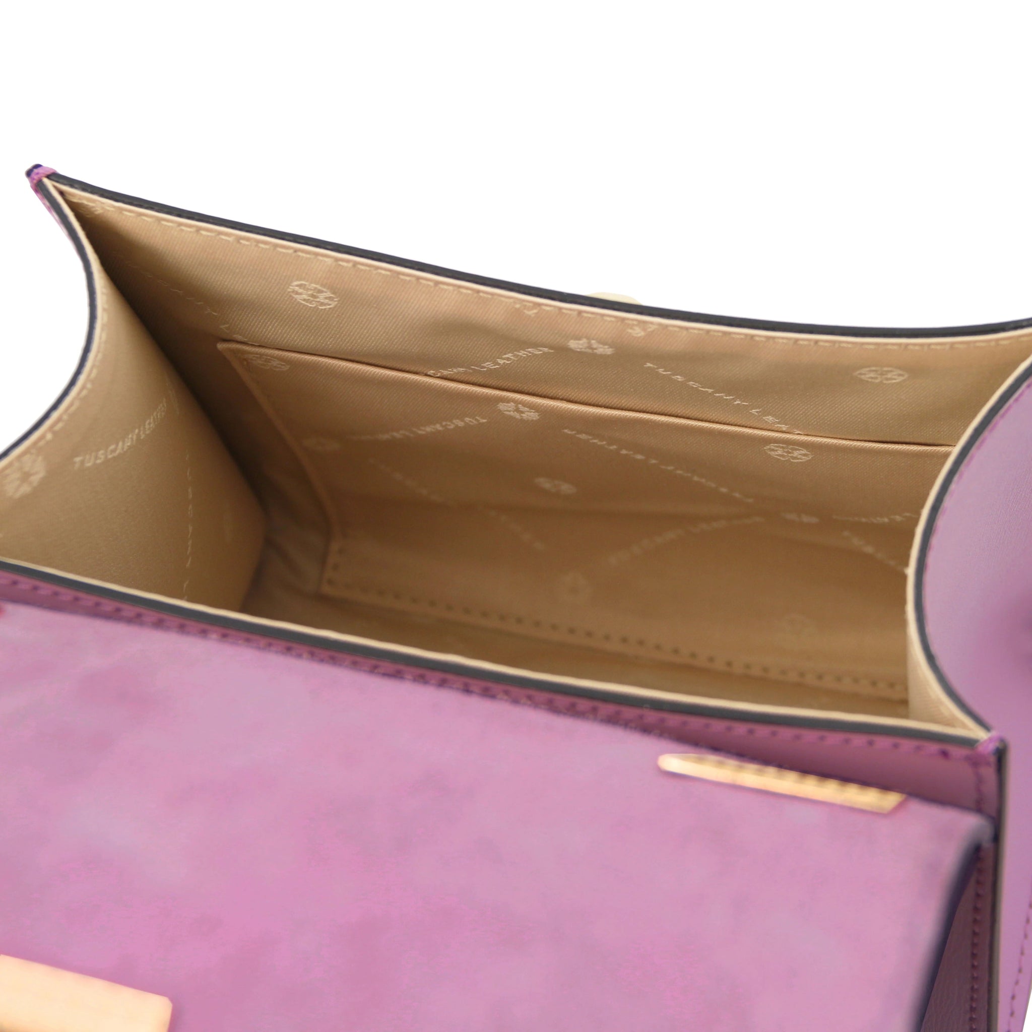 Interior view TL Bag Italian Leather Mini Bag in lilac showing interior open pocket and beige lining