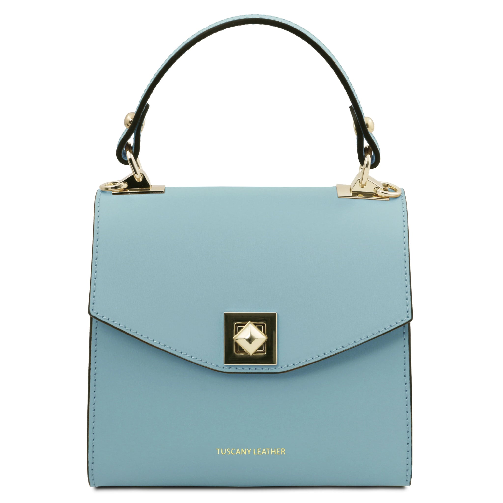 Front view TL Bag Italian Leather Mini Bag in light blue showing decorative gold outlined geometric black and cream magnetic closure and top handle