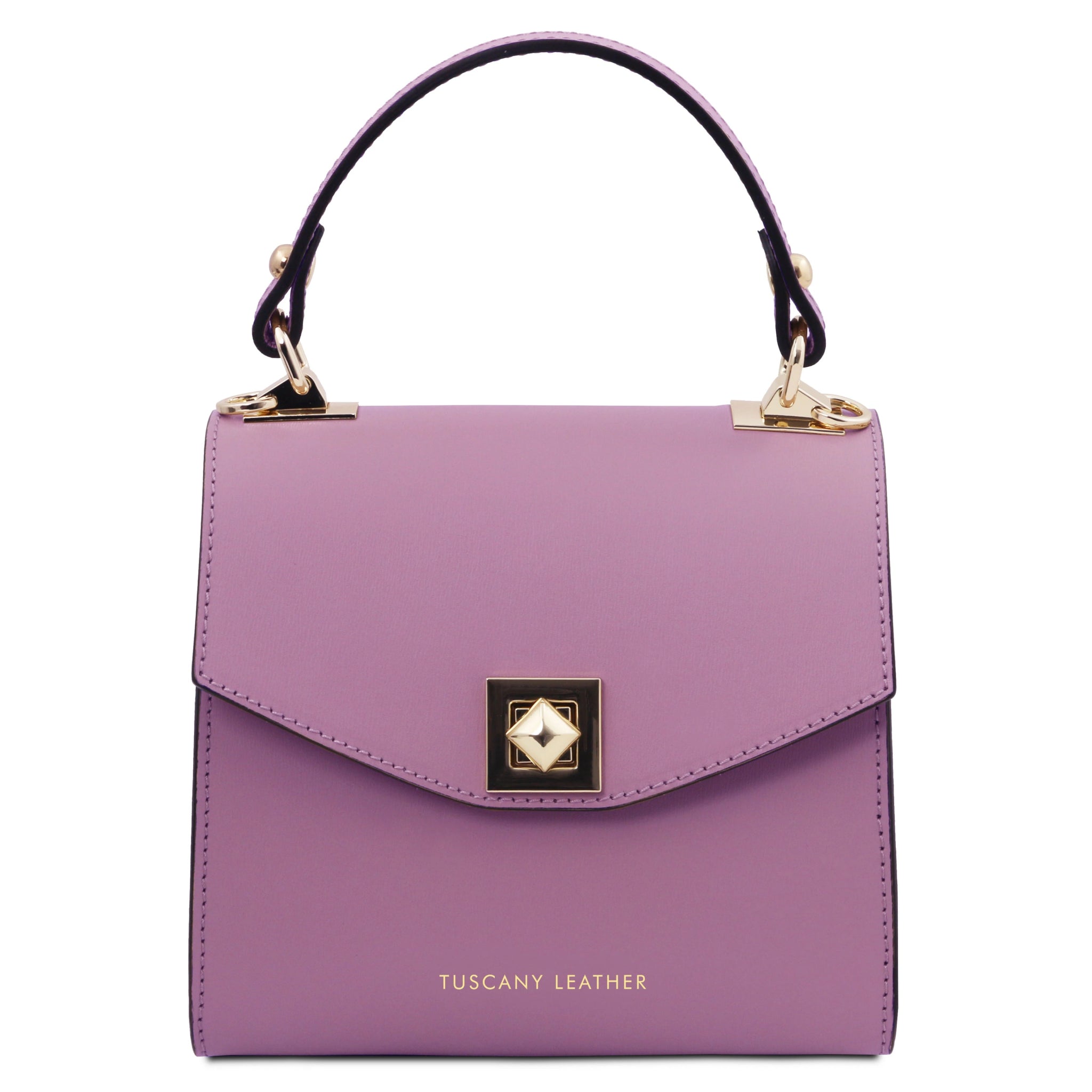 Front view TL Bag Italian Leather Mini Bag in lilac showing decorative gold outlined geometric black and cream magnetic closure and top handle