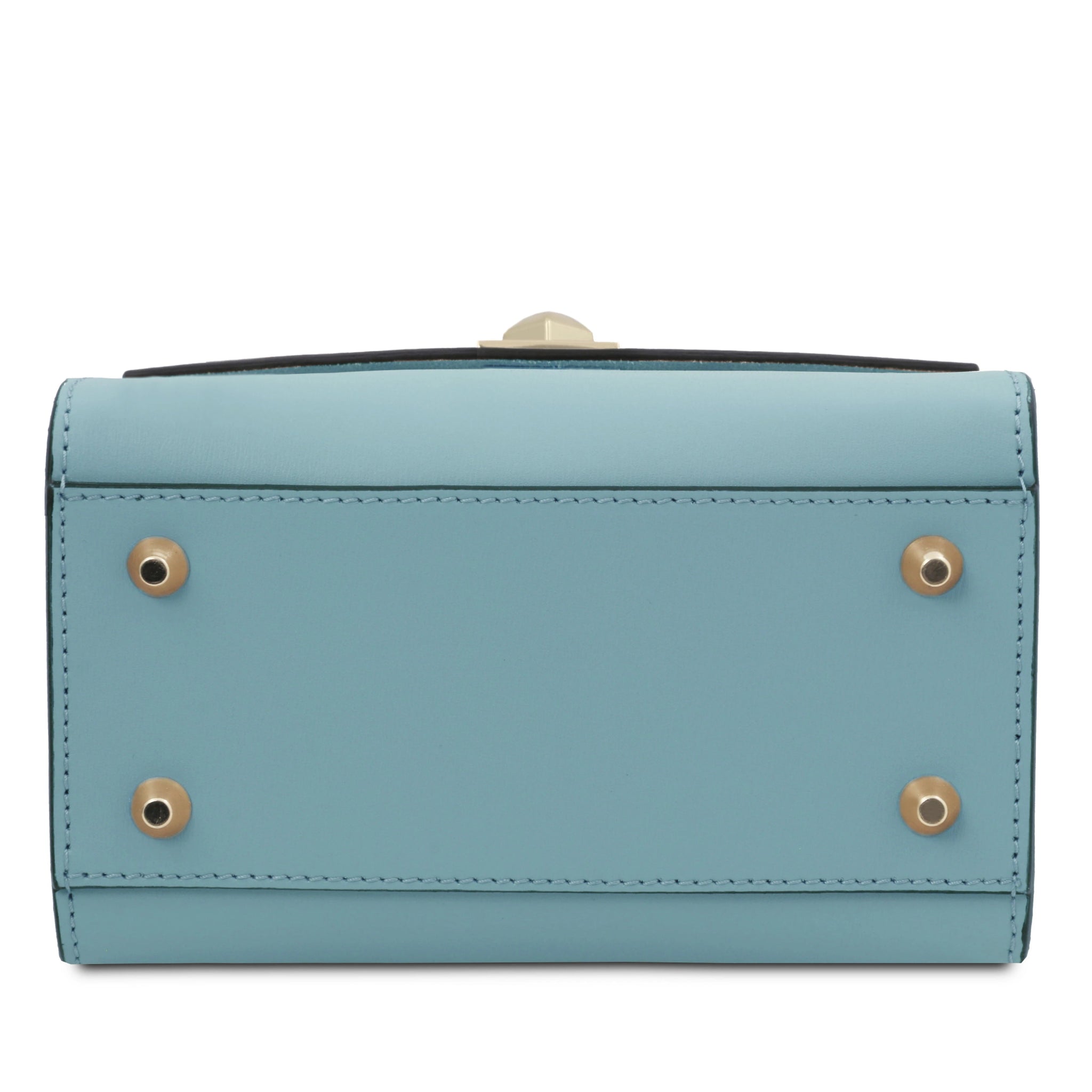 Bottom view TL Bag Italian Leather Mini Bag in light bluw showing four gold protective feet