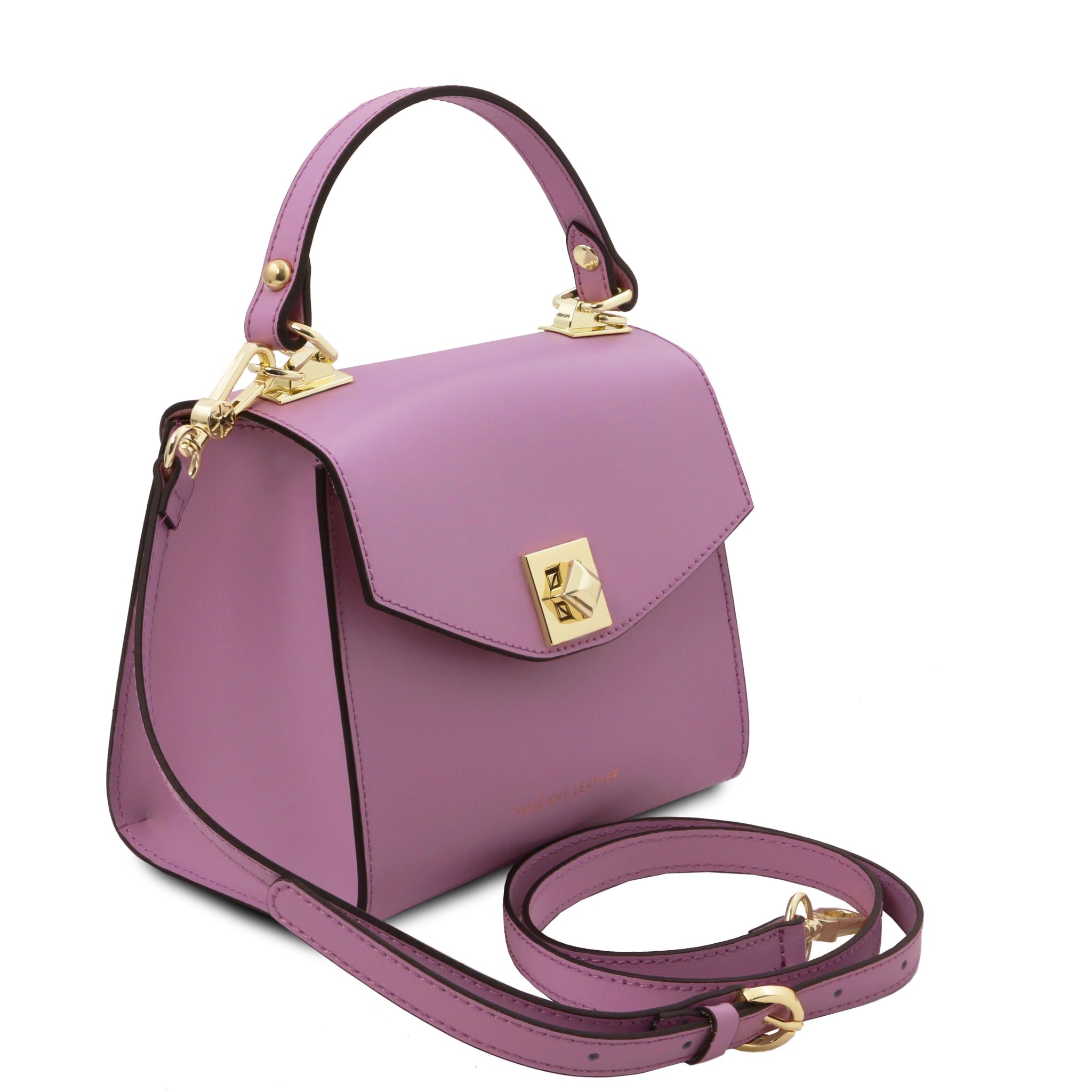 Front angled view TL Bag Italian Leather Mini Bag in lilac showing front fla closure with magnetic closure, top handle and adjustable and detachable shoulder strap