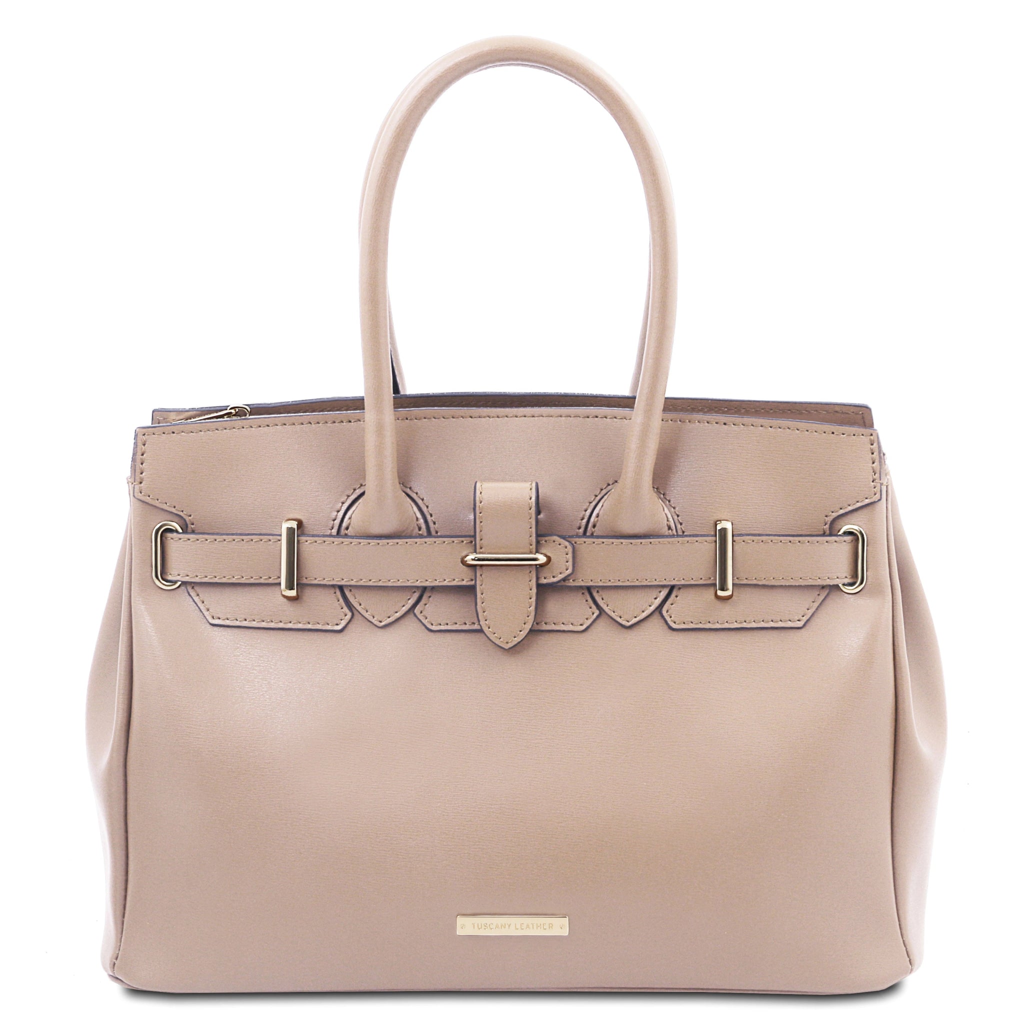 Front view TL Bag Italian Leather Handbag in Nude with branding at center bottom of bag