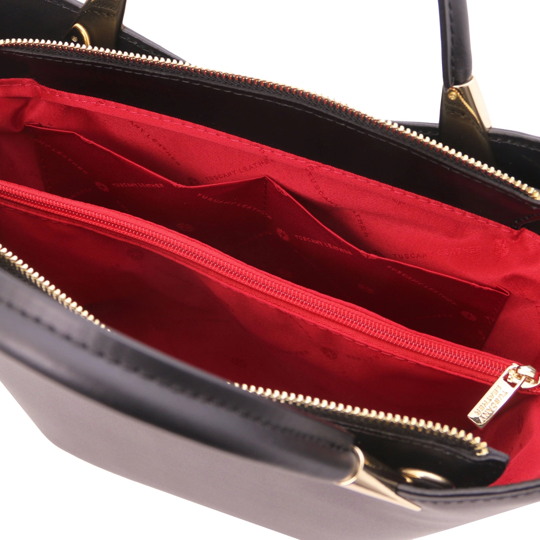 TL Bag in Black interior view showing centered zippered, red lining, compartment and open pockets