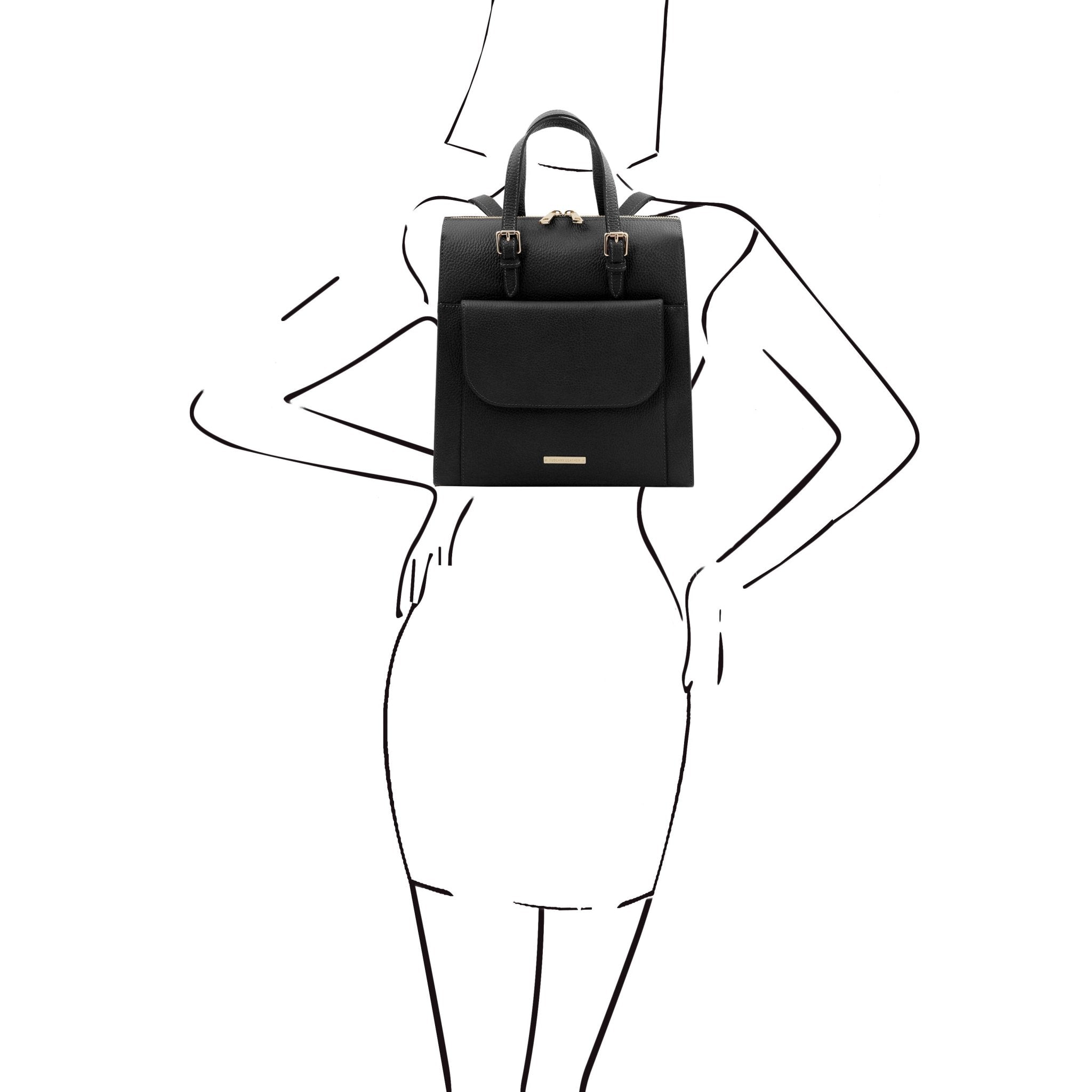 Black and white sketch of a woman wearing the TL Bag Leather Backpack in black as a backpack