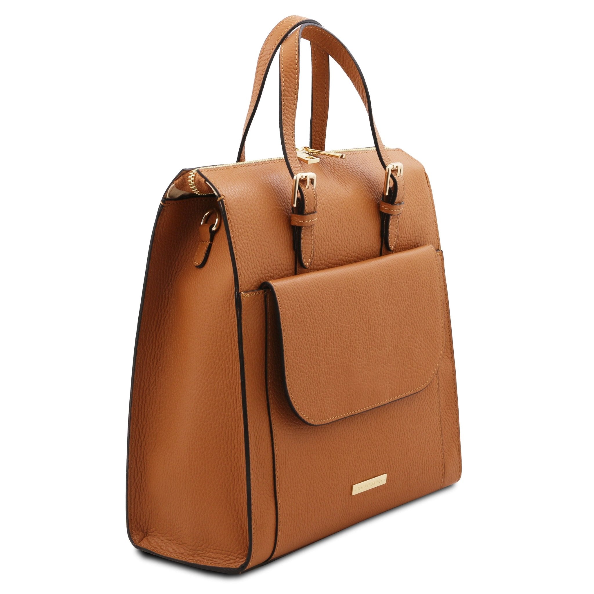 Front view TL Bag Leather Backpack in cognac on a white background