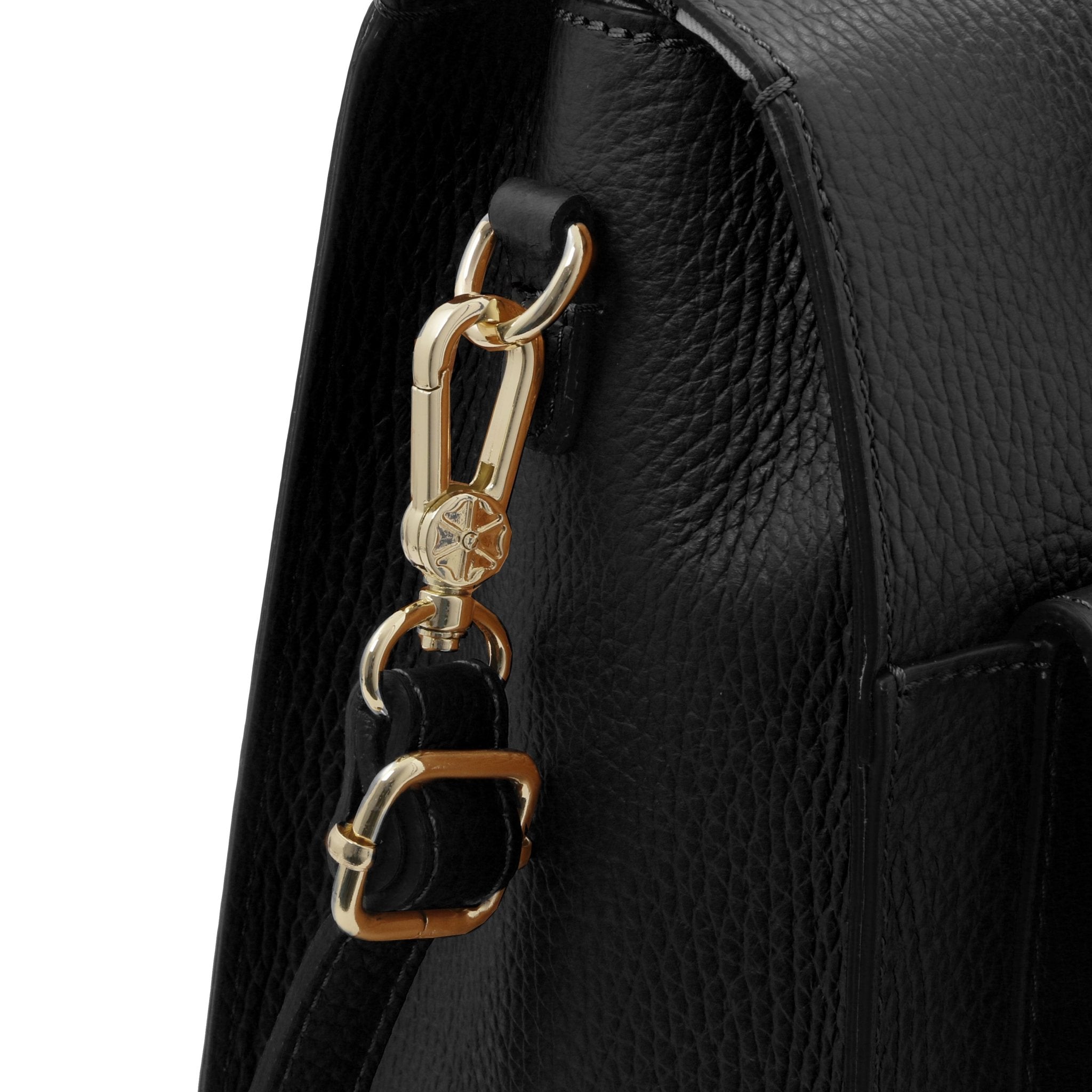View of shoulder strap hardware, adjustable buckle and bag clasp - TL Bag Leather Backpack in black