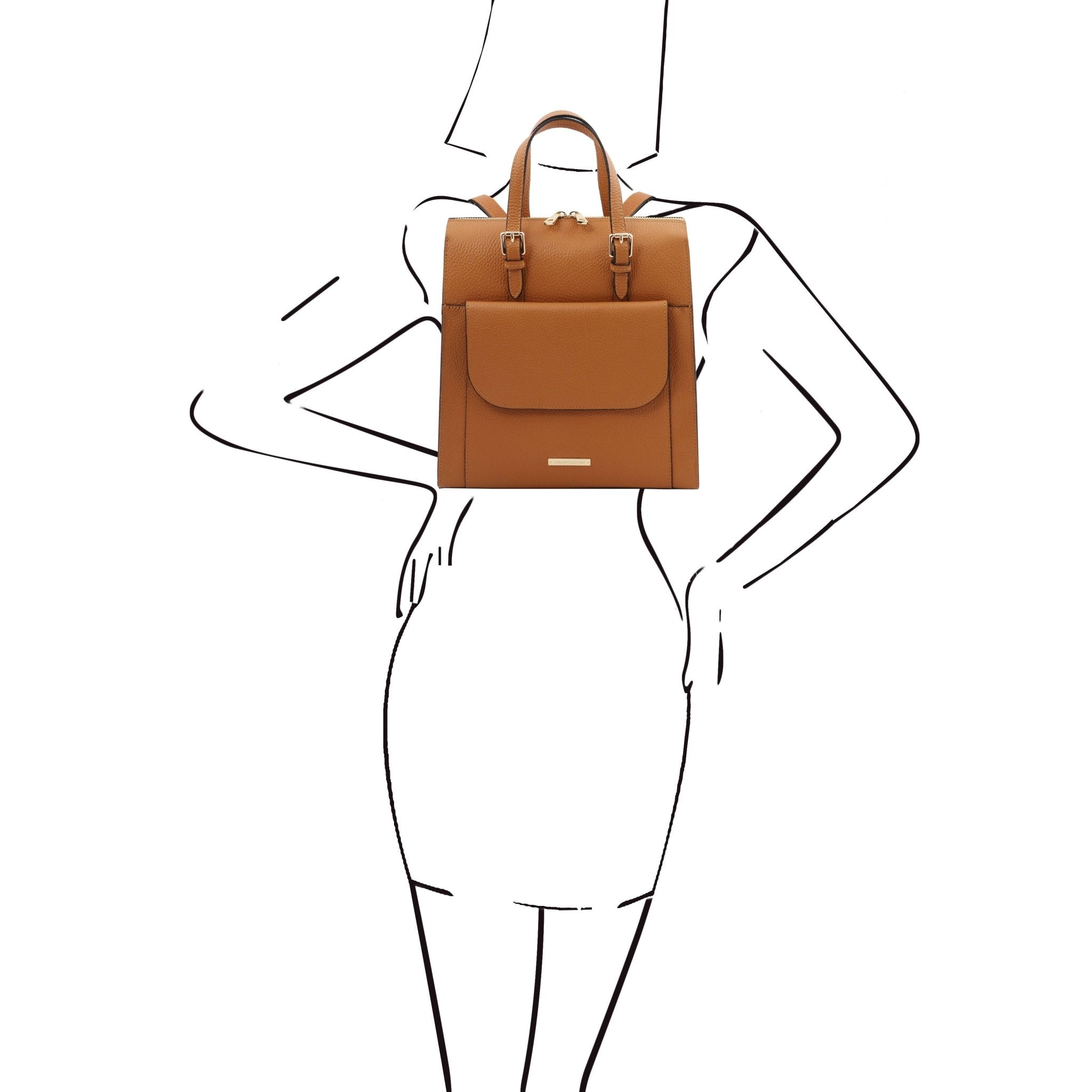 Black and white sketch of a woman wearing the TL Bag Leather Backpack in cognac as a backpack