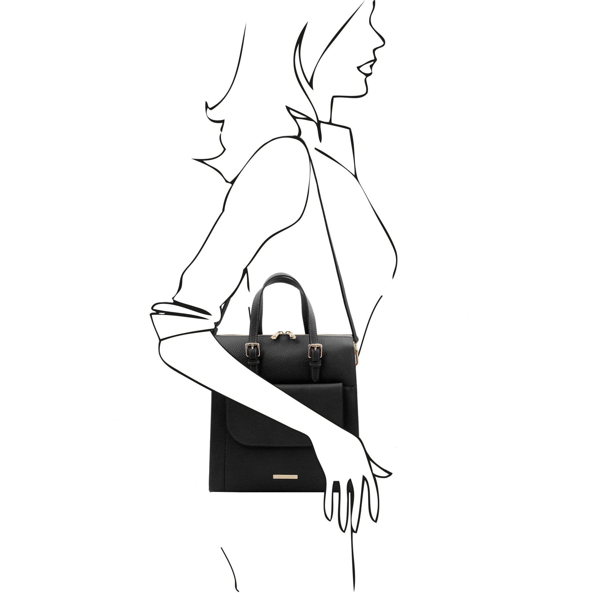 Black and white sketch of a woman wearing the TL Bag Leather Backpack in black over the shoulder with detachable strap