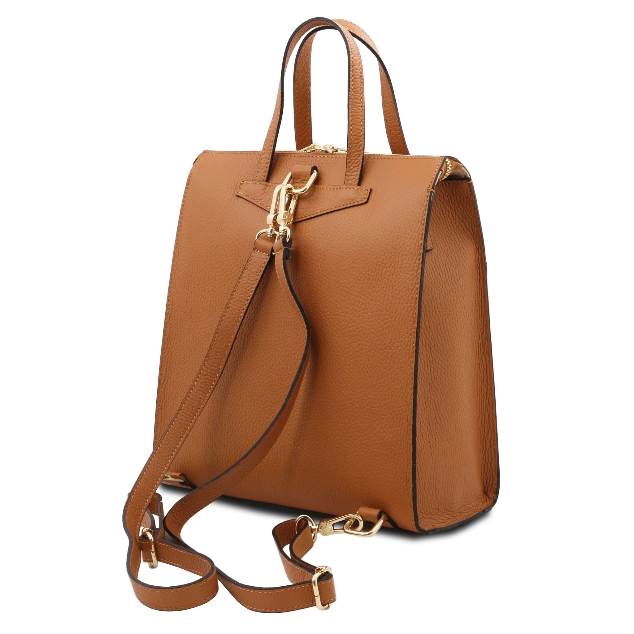 Back view TL Bag Leather Backpack in cognac showing detachable shoulder straps on a white background