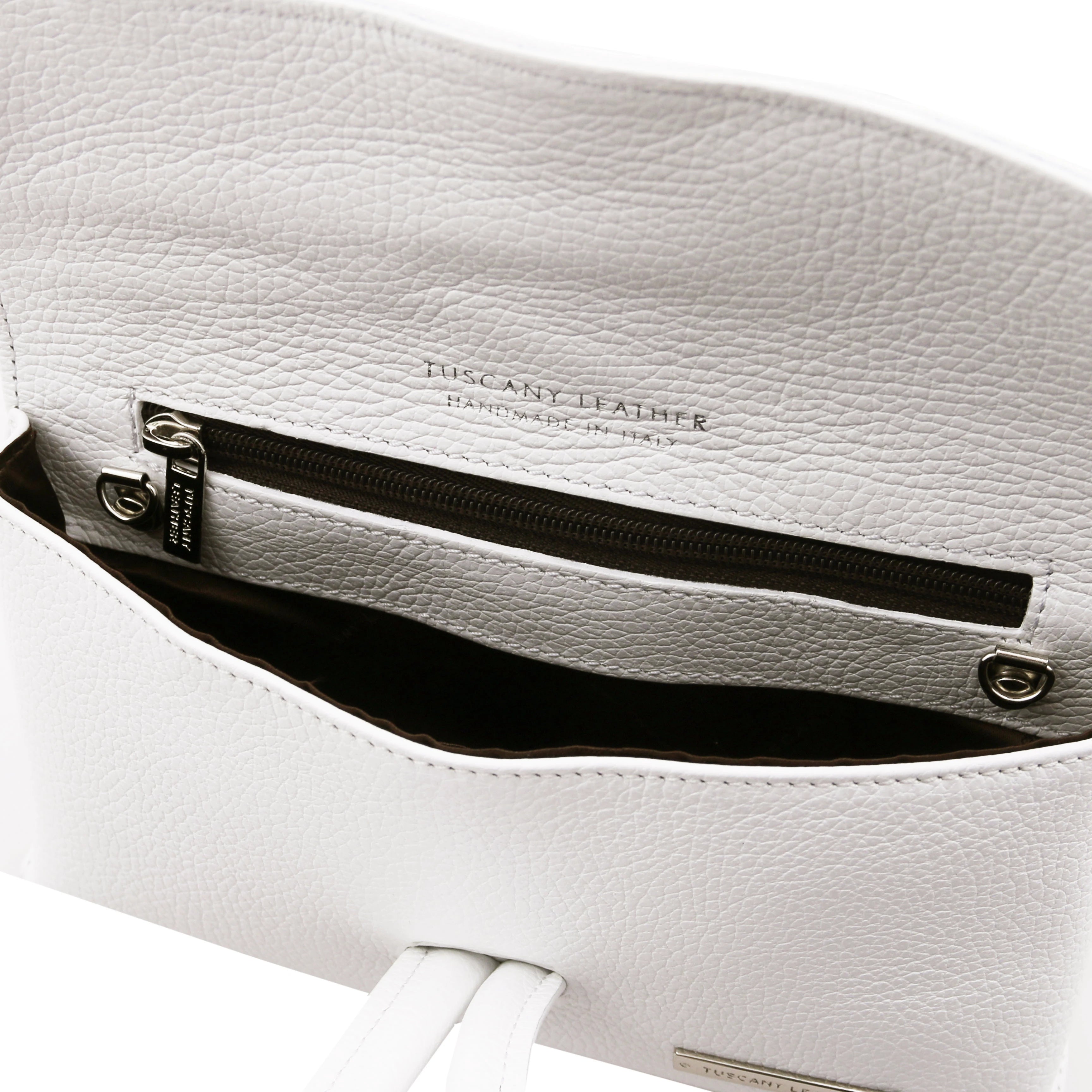 Interior Zip pocket View TL Bag Italian Leather Clutch in White showing dark brown lining