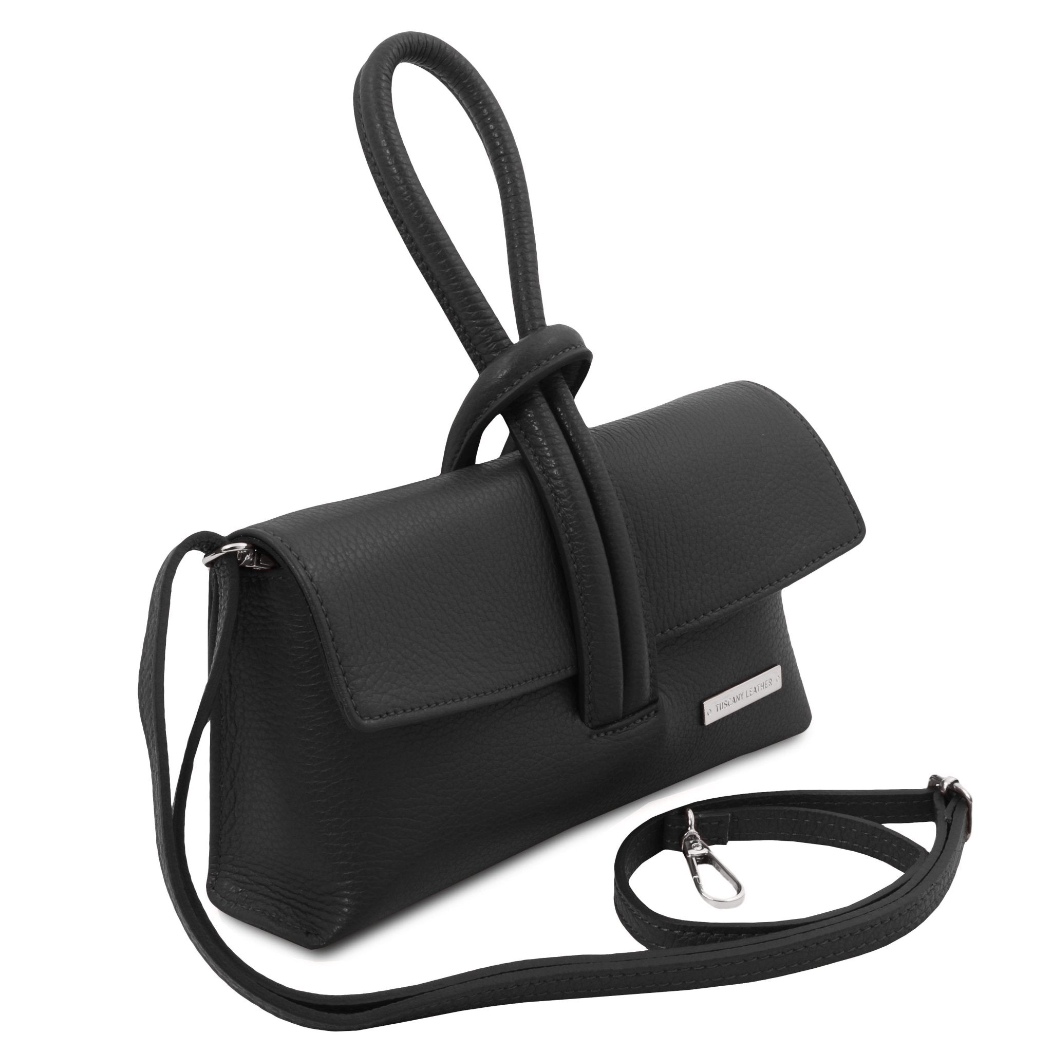 Front side view TL Bag Leather Clutch in black showing strap top loop handle and detachable and adjustable crossbody strap