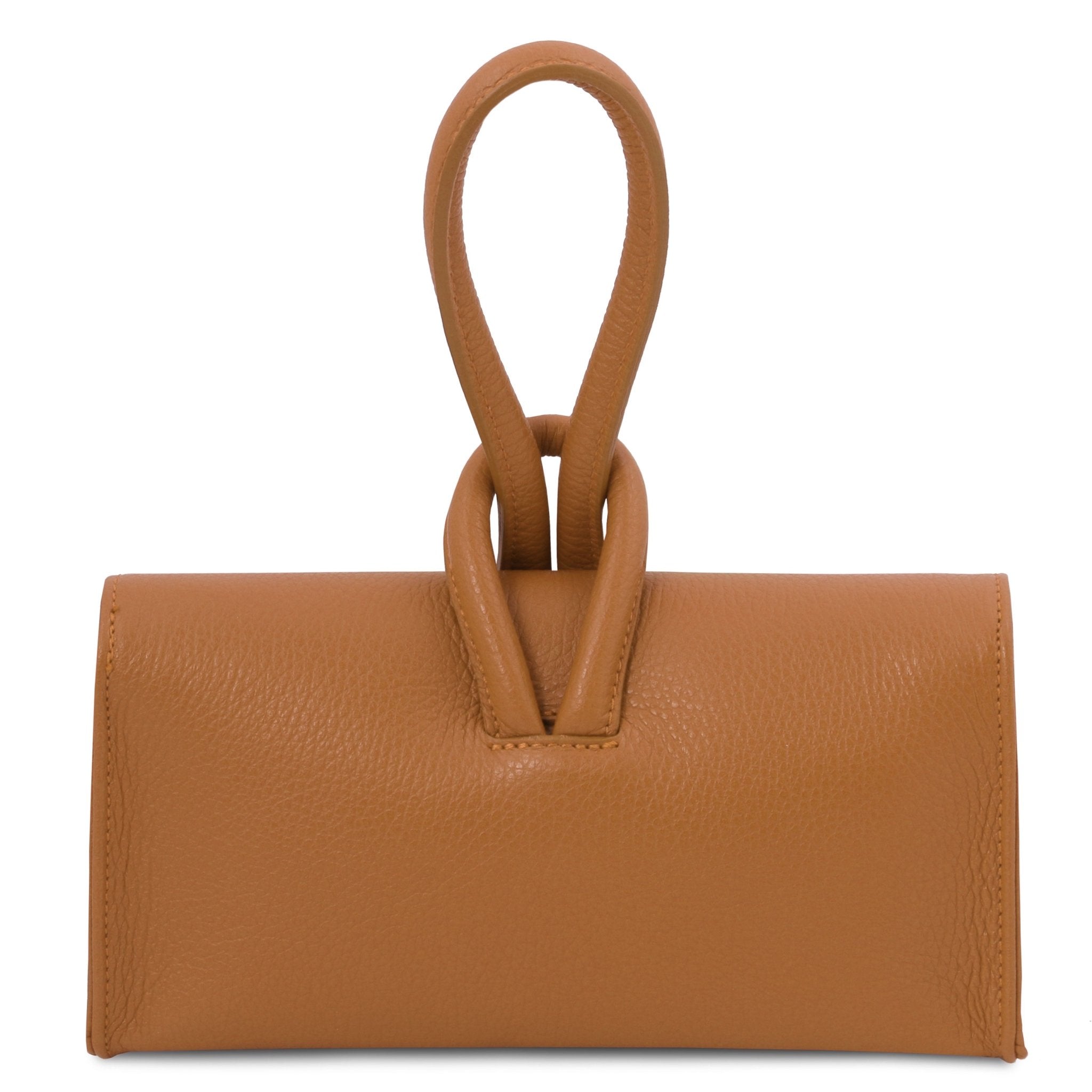 Back view TL Bag Leather Clutch in cognac showing top loop handle