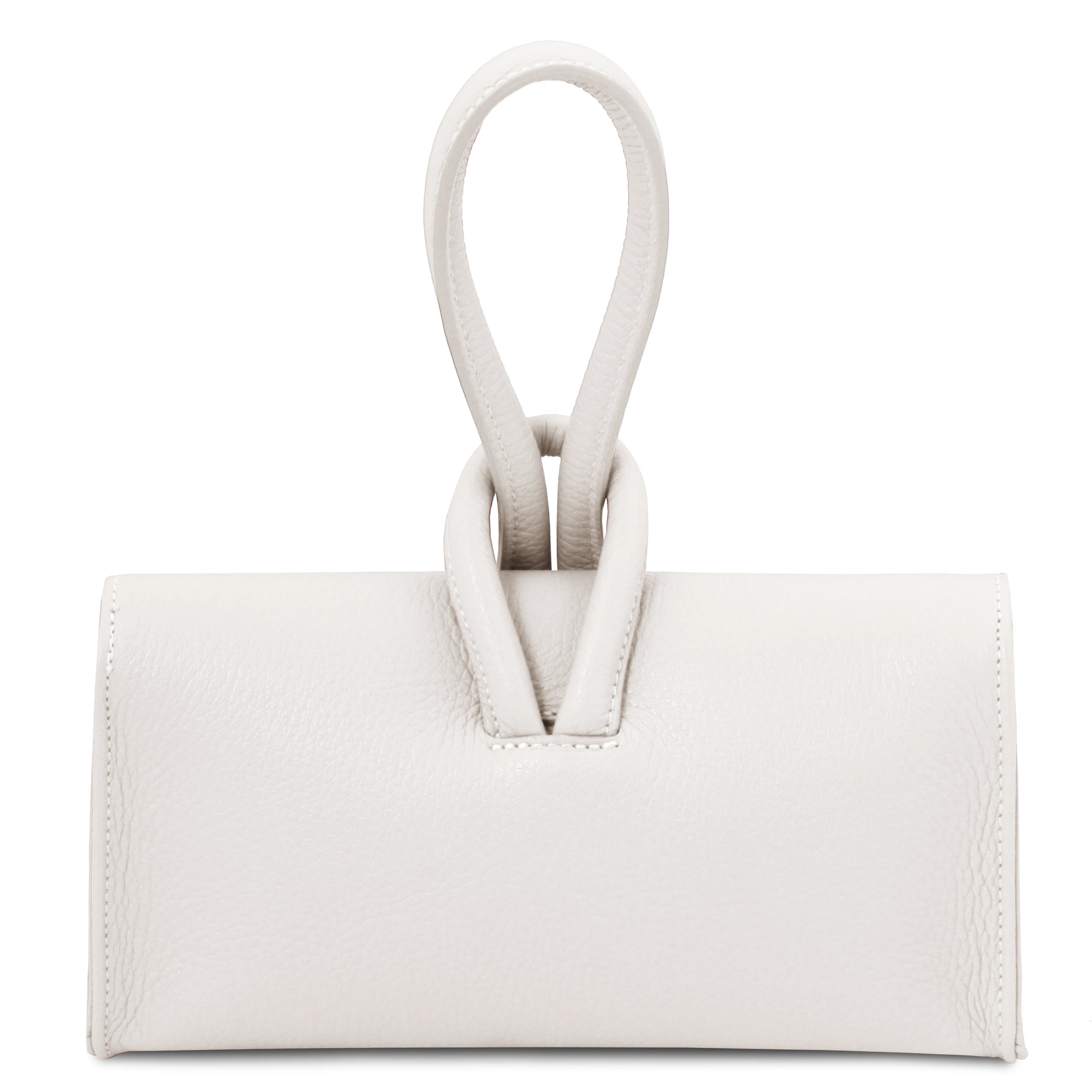 Back view TL Bag Leather Clutch in black showing strap that passes through loop at top of bag converting into top handle