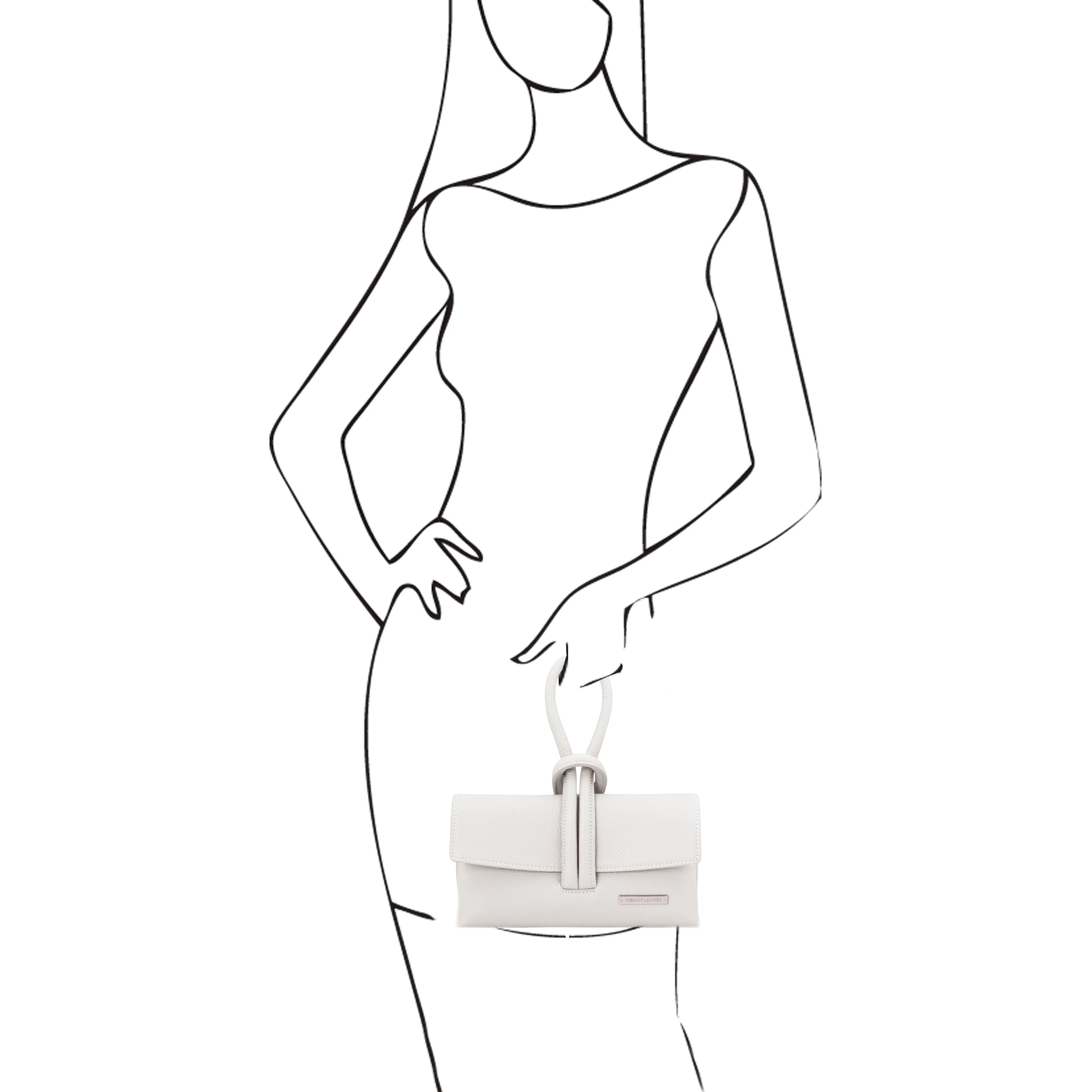 Black and white sketch of female model holding the TL Bag Leather Clutch in white by its top loop handle