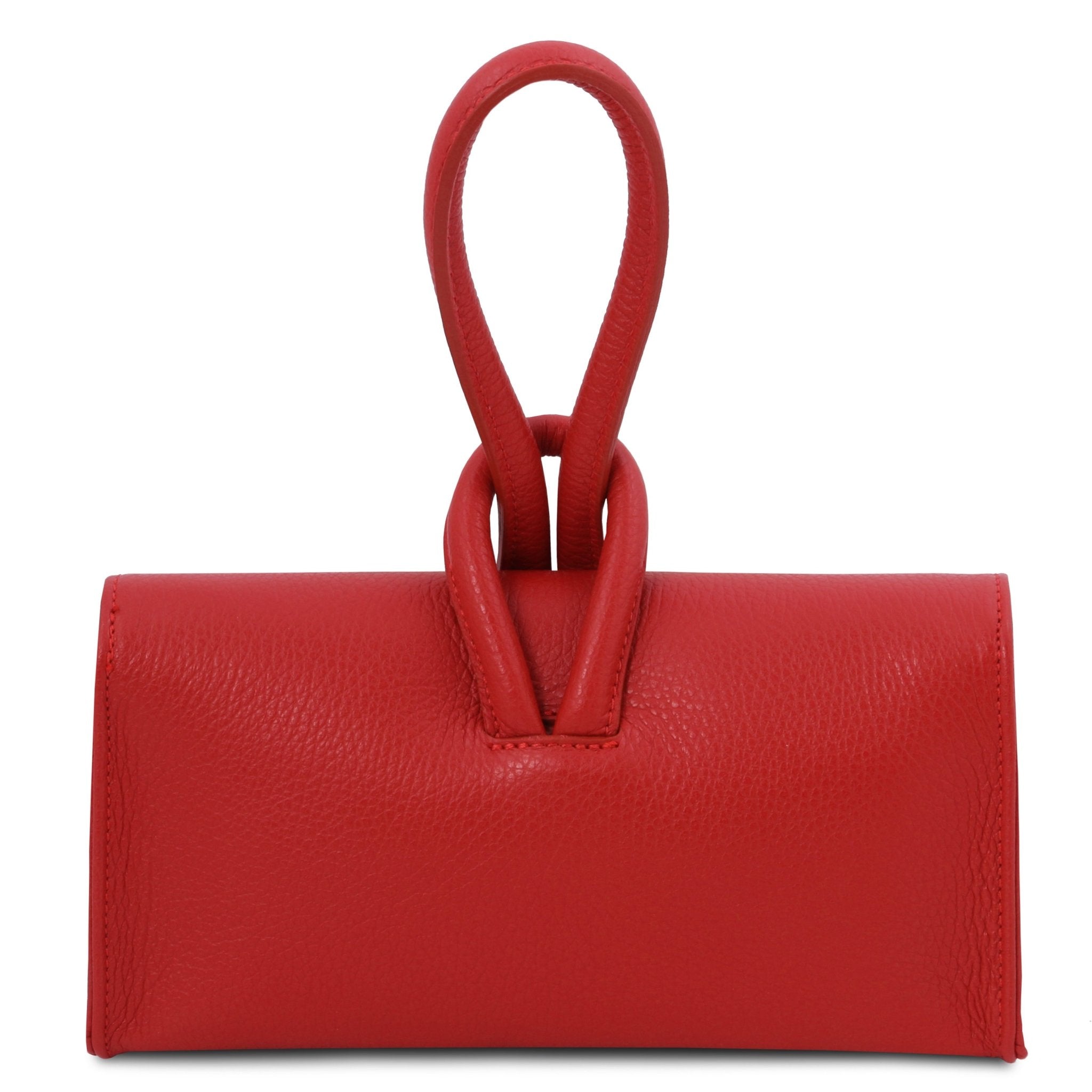Back view TL Bag Leather Clutch in red showing top loop handle