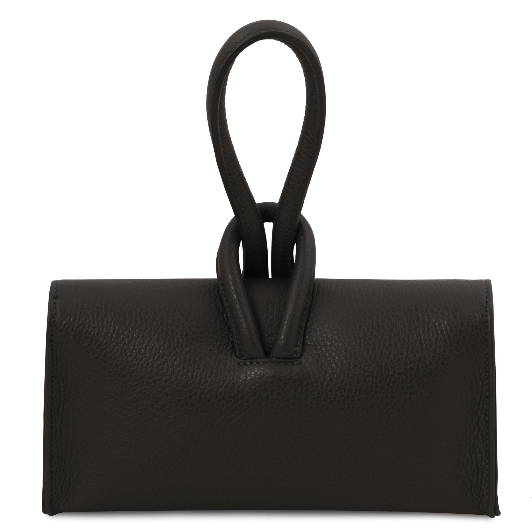 Back view TL Bag Leather Clutch in black showing top loop handle