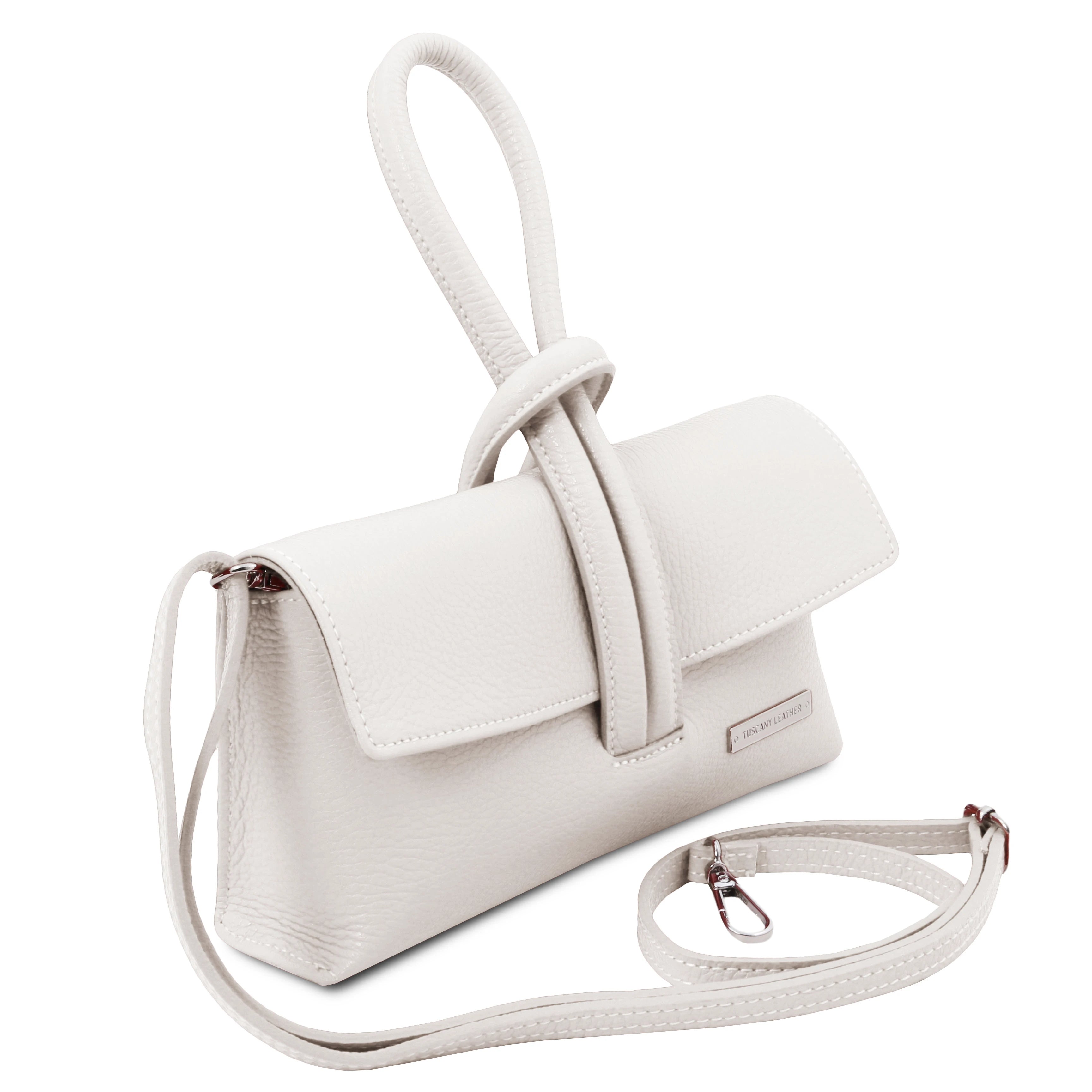Front side view TL Bag Leather Clutch in white showing strap top loop handle and detachable and adjustable crossbody strap