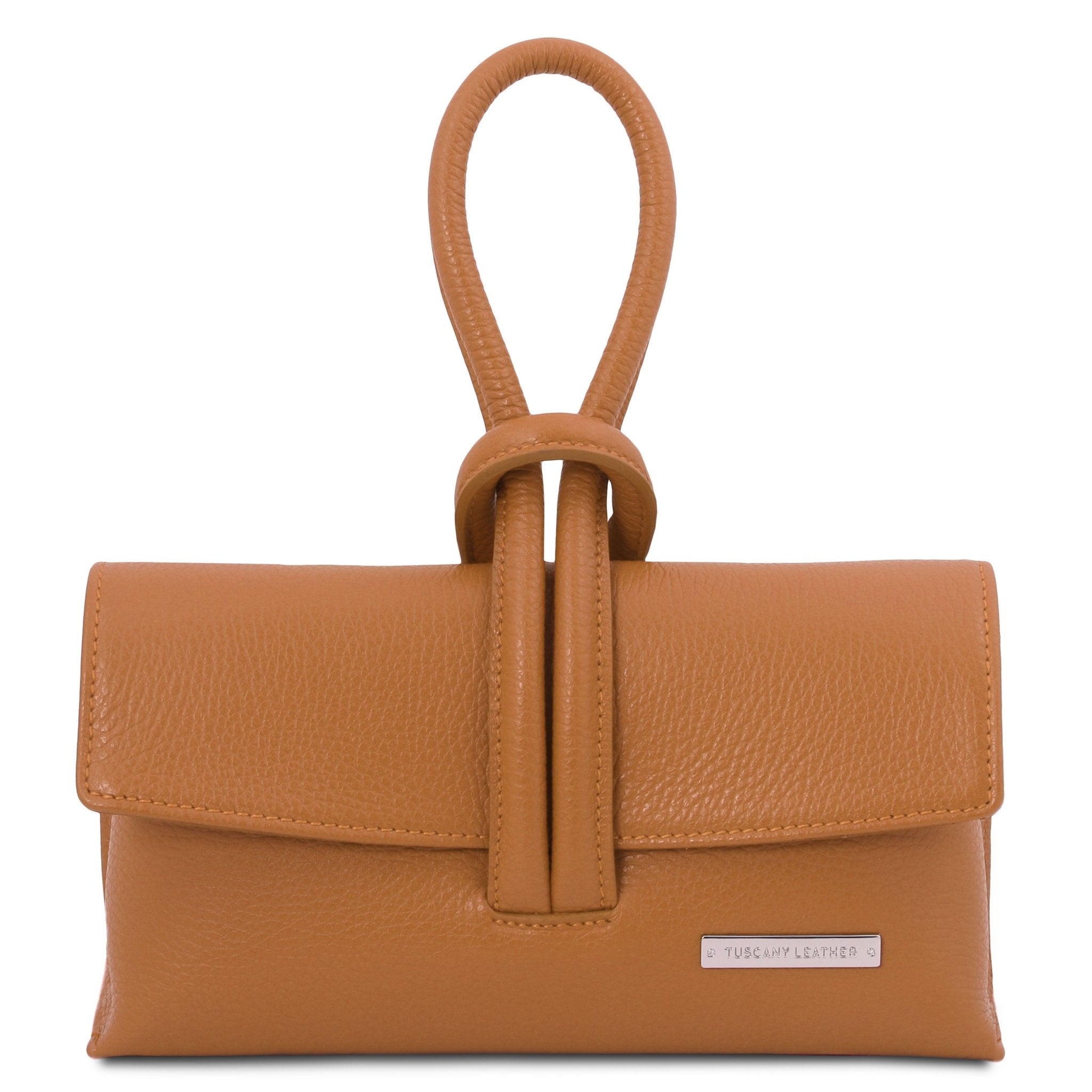 Front view red clutch in cognac on a white background