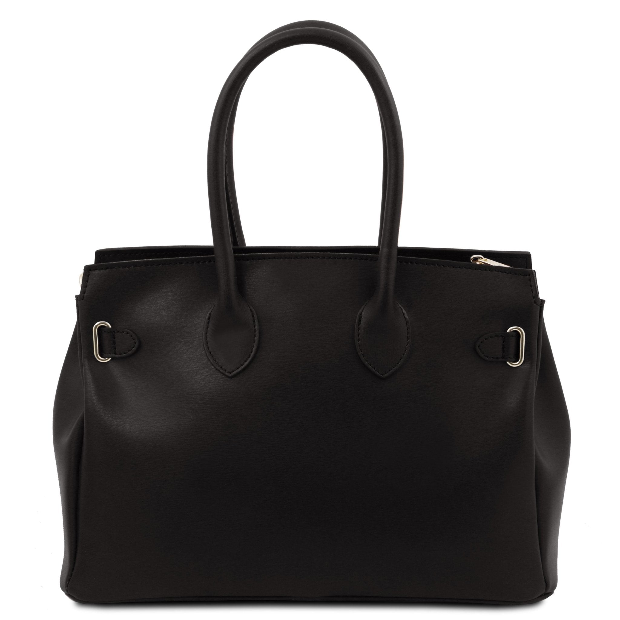 Back view TL Bag Italian Leather Handbag in Black showing arched handle and back rounded gold buckle accent