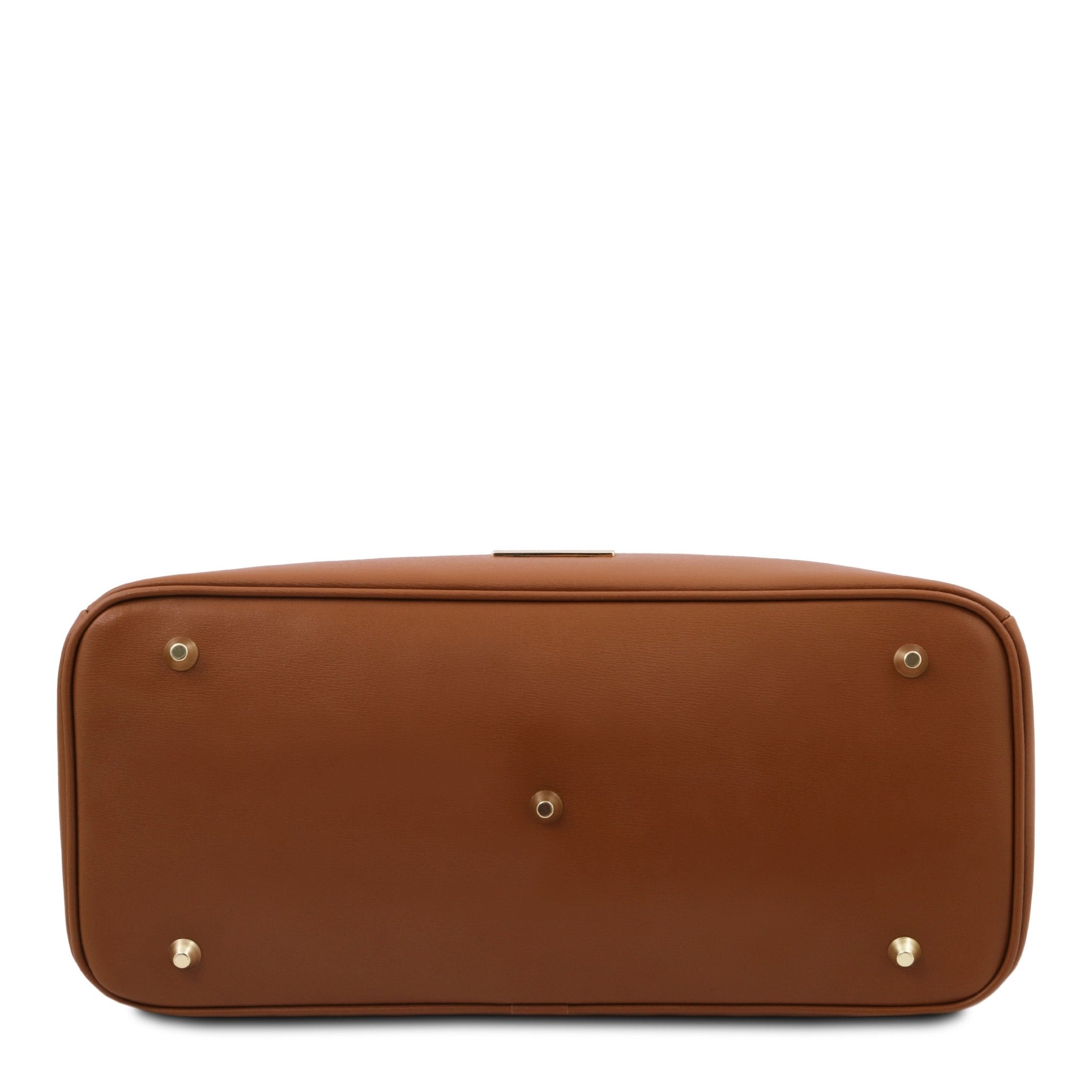 Bottom view TL Bag Italian Leather Handbag in Cognac showing five protective golden meal feet