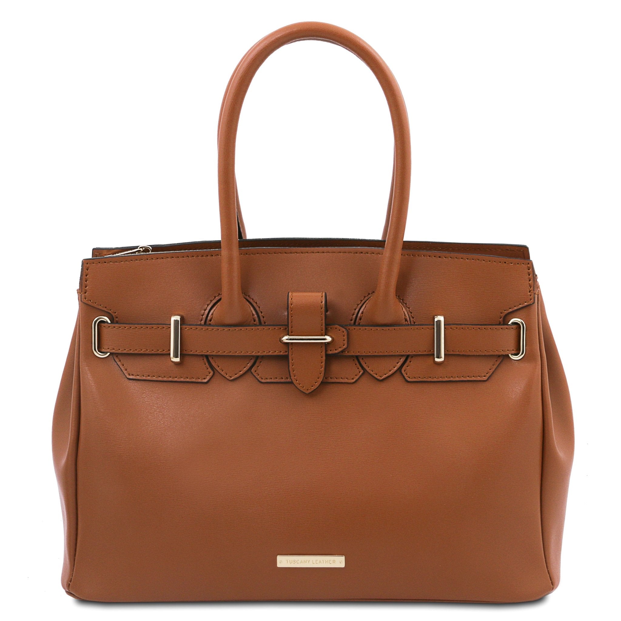 Front view TL Bag Italian Leather Handbag in Cognac with TL gold metal branding at center bottom of bag - L'Atelier Global