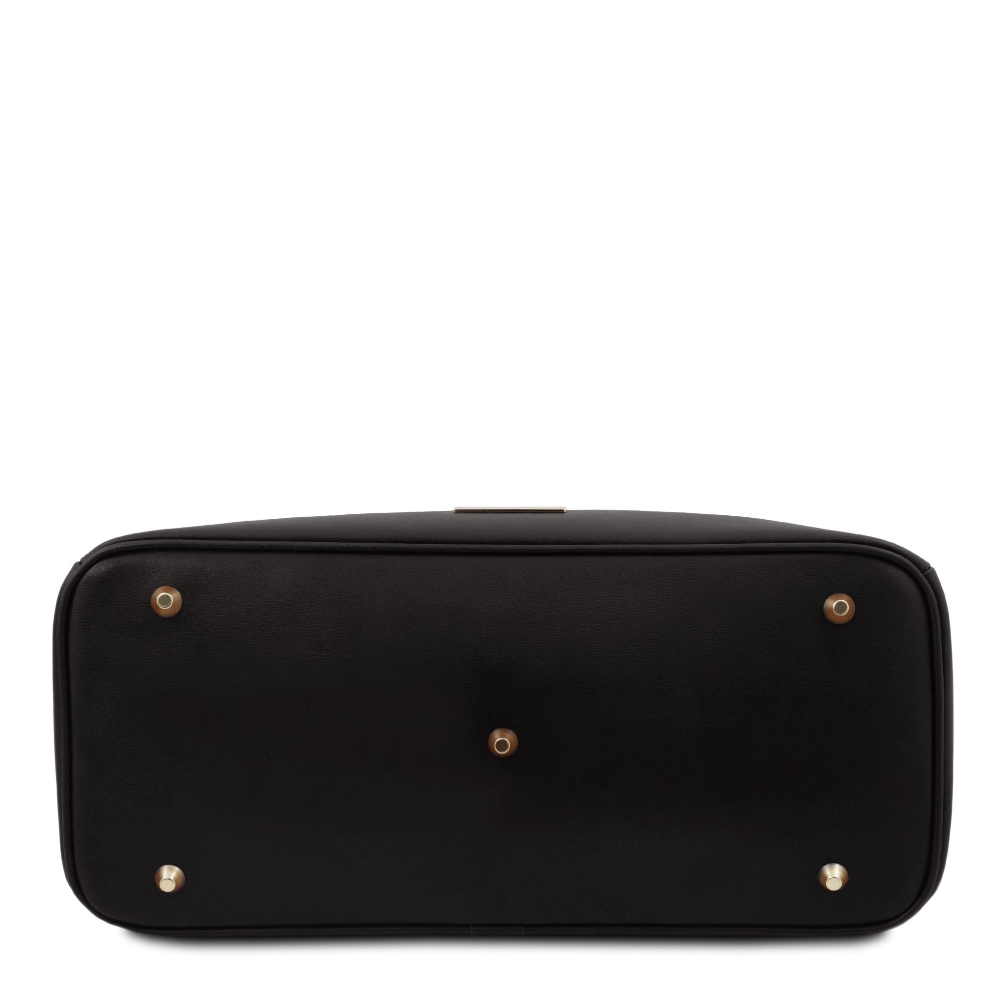 Bottom view TL Bag Italian Leather Handbag in Black showing five protective golden meal feet