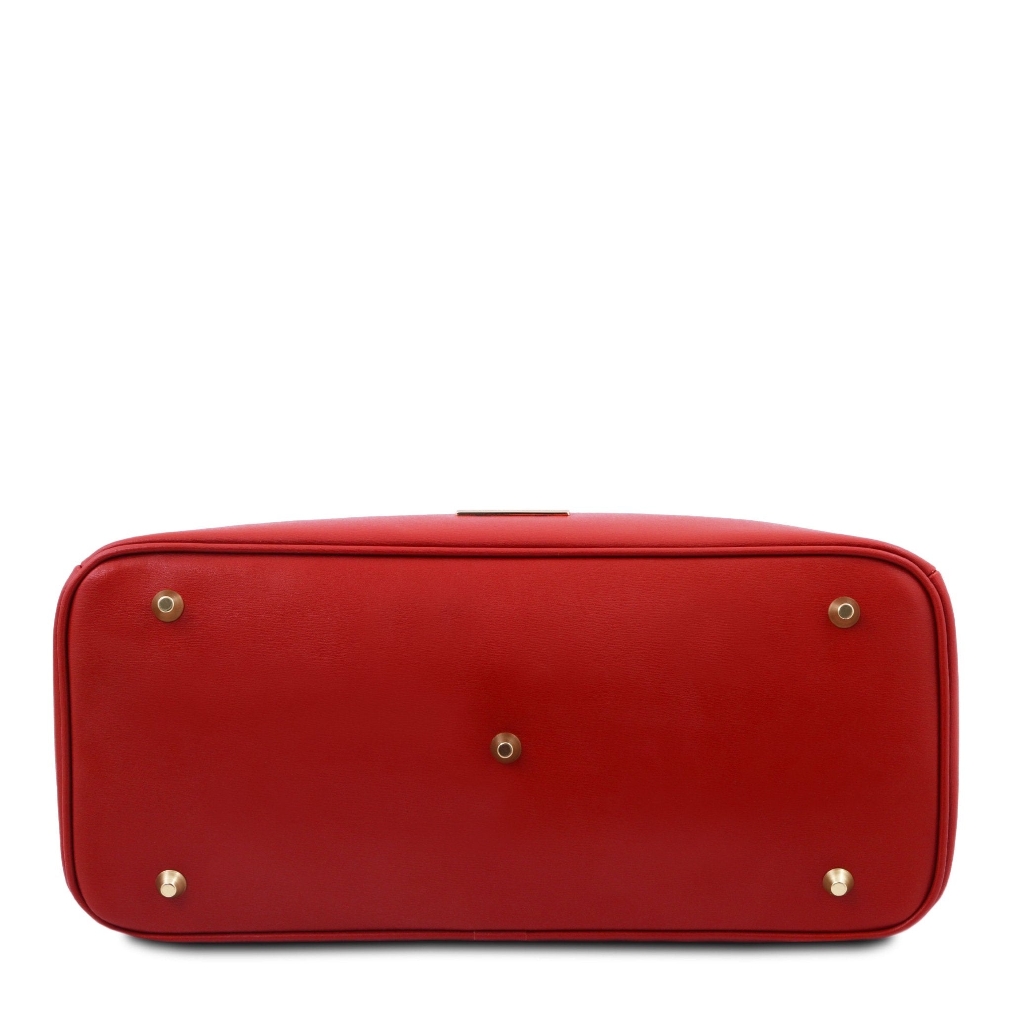 Bottom view TL Bag Italian Leather Handbag in Red showing five protective golden meal feet
