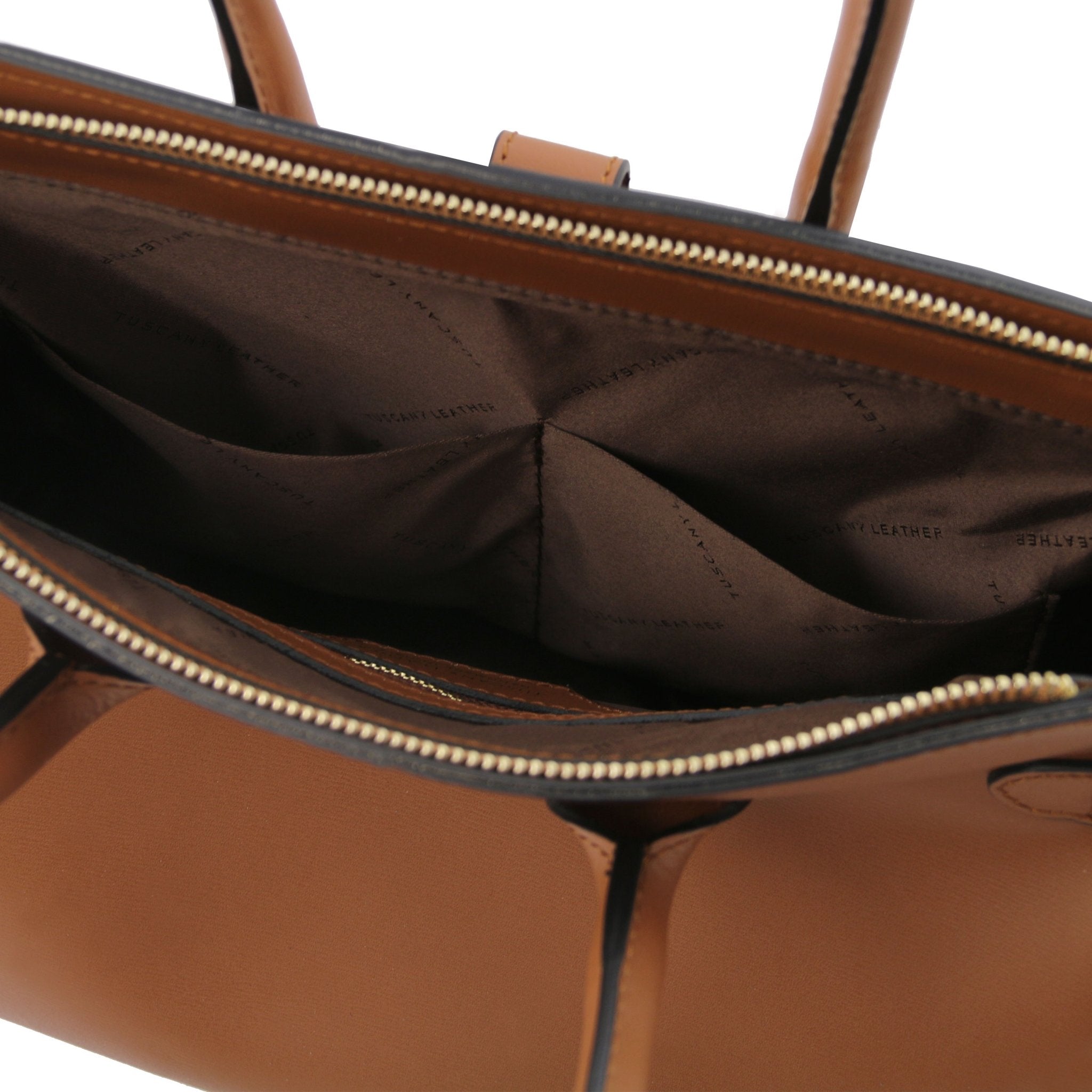 Interior double open pocket view TL Bag Italian Leather Handbag in Cognac showing medium brown interior