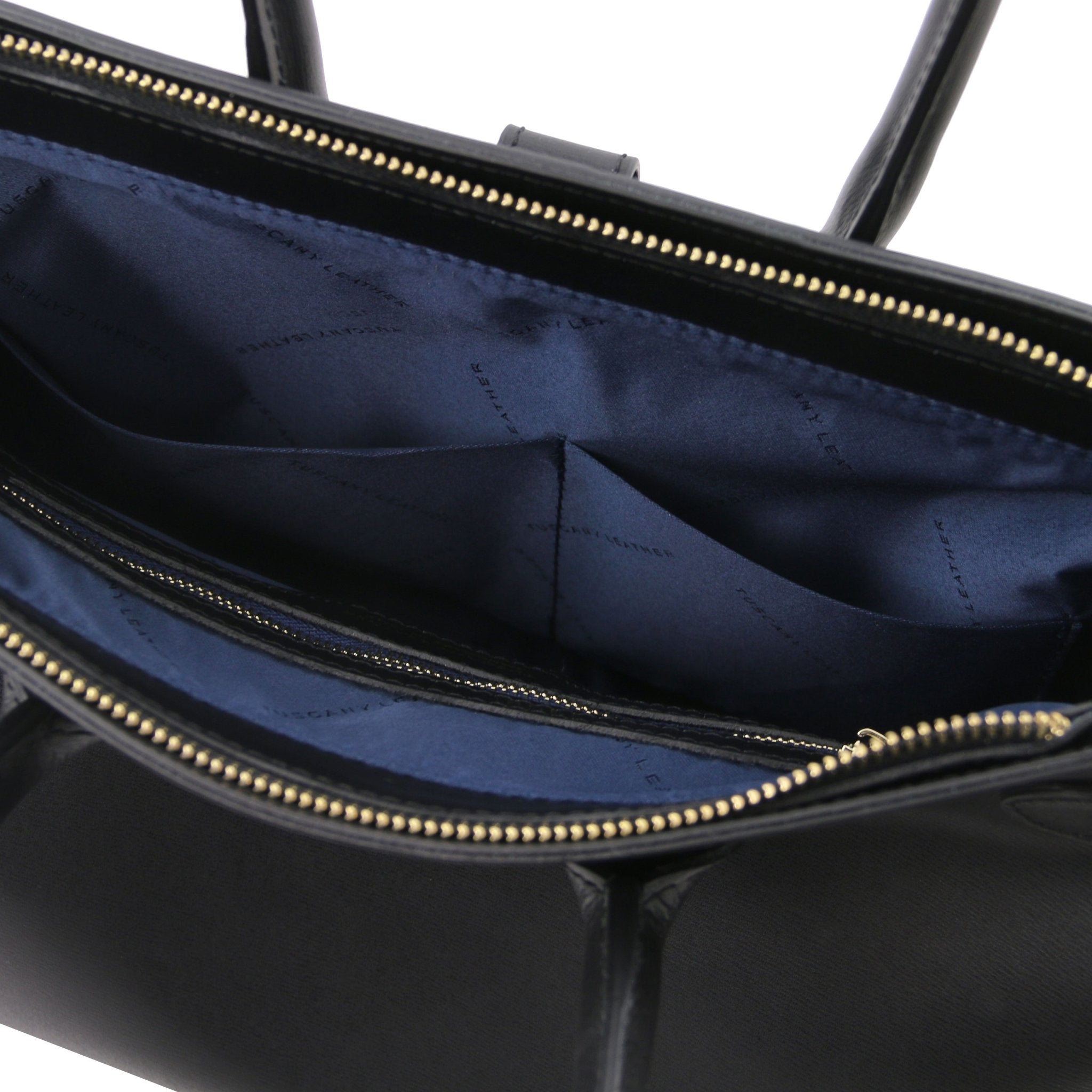 Interior double open pocket view TL Bag Italian Leather Handbag in Black showing navy interior