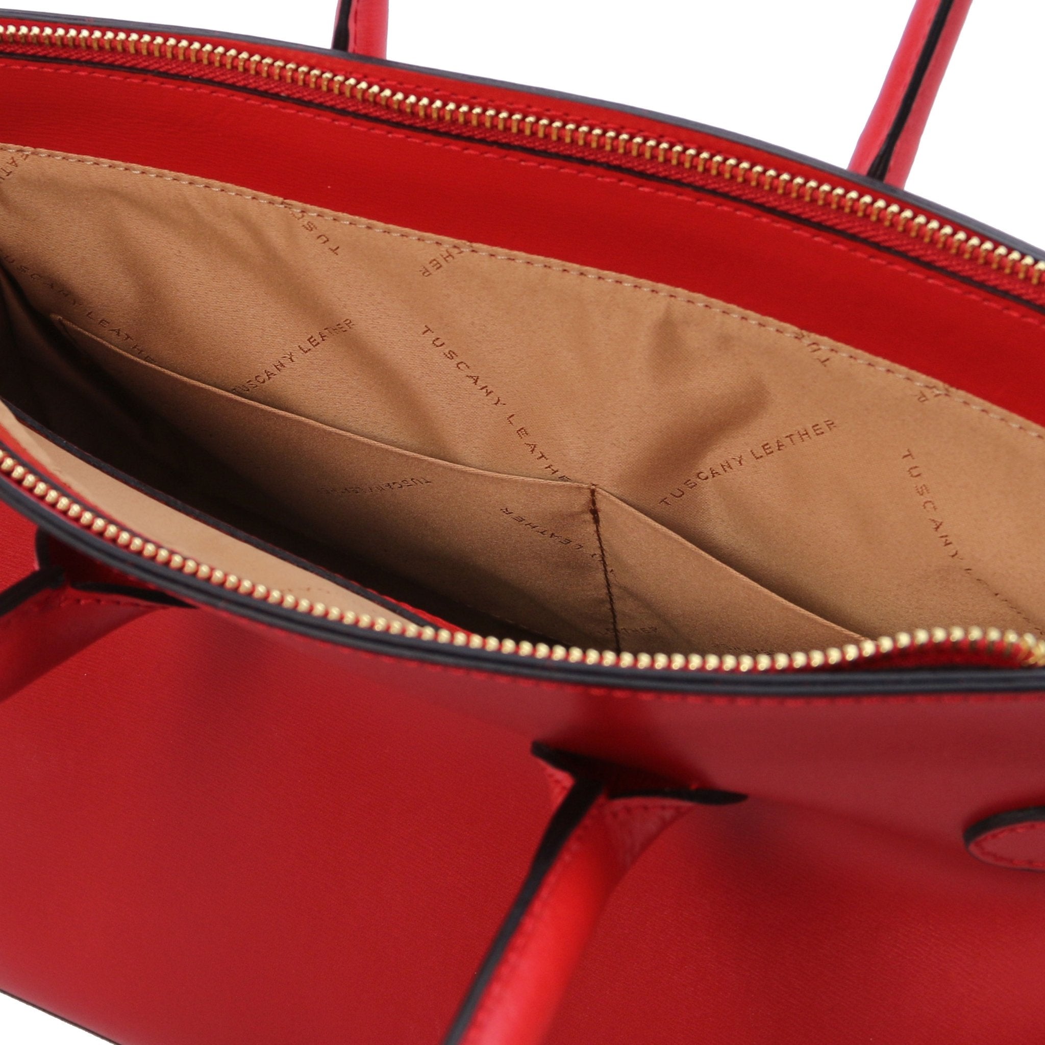 Interior double open pocket view TL Bag Italian Leather Handbag in Red showing beige interior