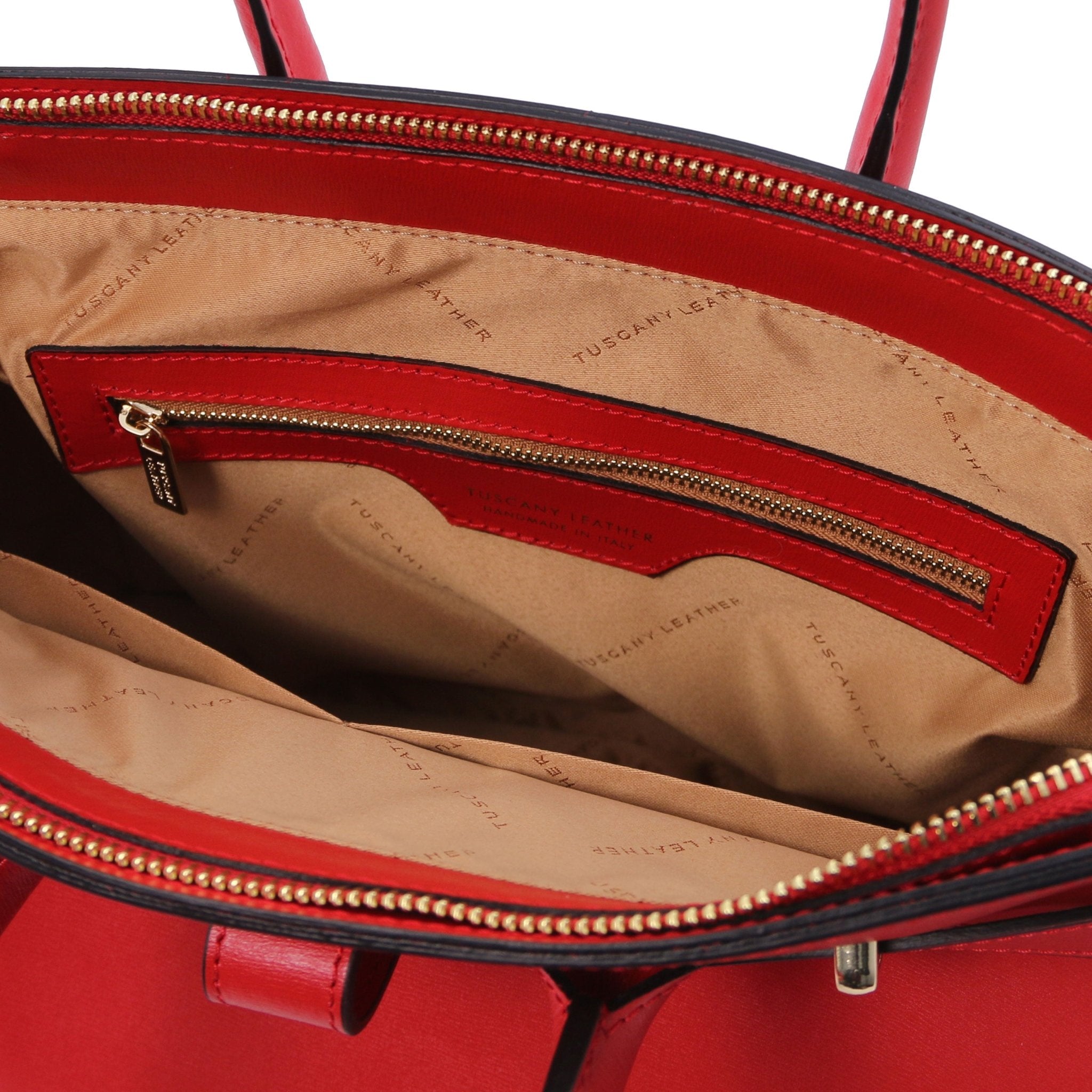 Interior zippered pocket view TL Bag Italian Leather Handbag in Red showing beige interior
